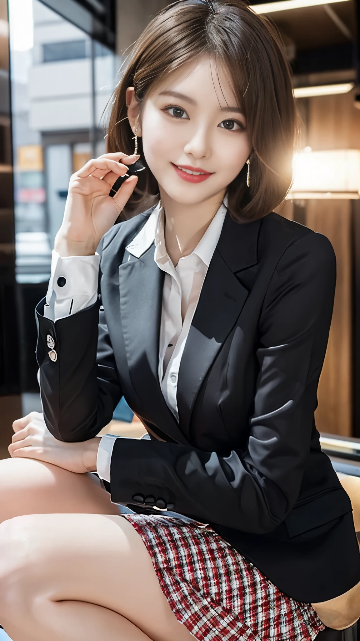 beautiful japanese woman,Photos taken by a professional photographer,Fancy makeup with red eyeshadow,double eyelid,The best smile,Delicate brown hair with short cut and side waves,big ring earrings,elegant legs,Wearing black high heels,long and thin legs, white shirt and super miniskirt, long legs, standing during class, very beautiful slim legs, とても美しいlong and thin legs, sitting at desk, Business service, beautiful feet, good hips and long legs, beautiful feet, surreal high school girl, cleavage, sitting on a black box,