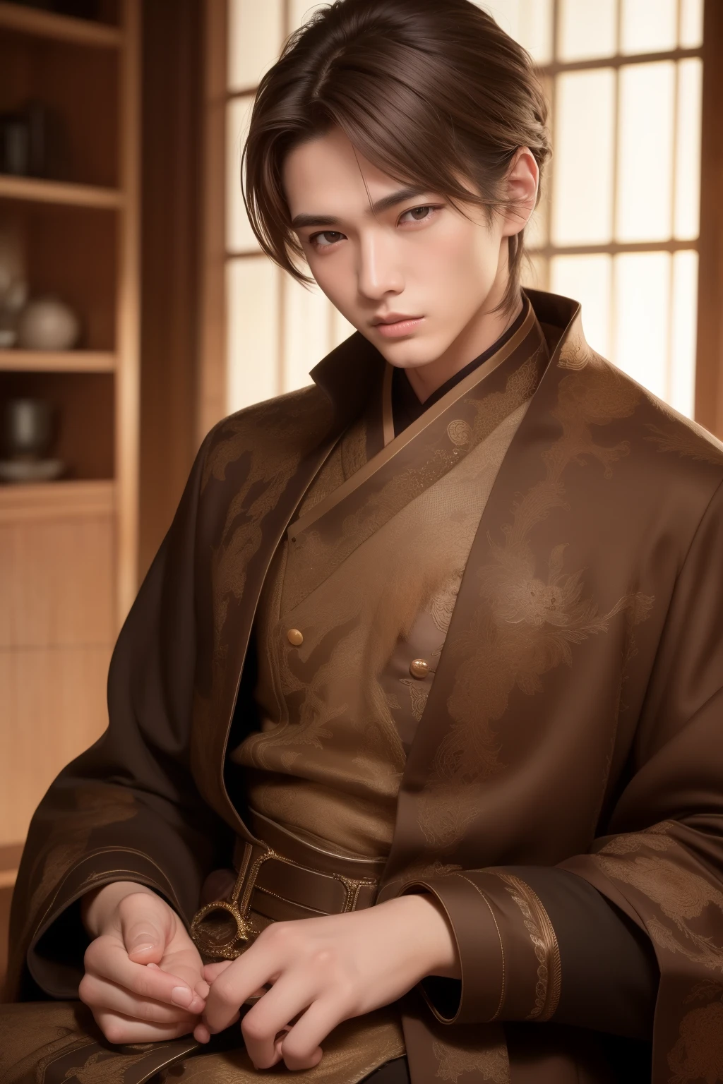 top-quality、masterpiece、(Realism:1.2)、1 male、brown haired、brown-eyed、frontage、A detailed face、beautidful eyes、25 year old guy、Asian style handsome、Fearless face