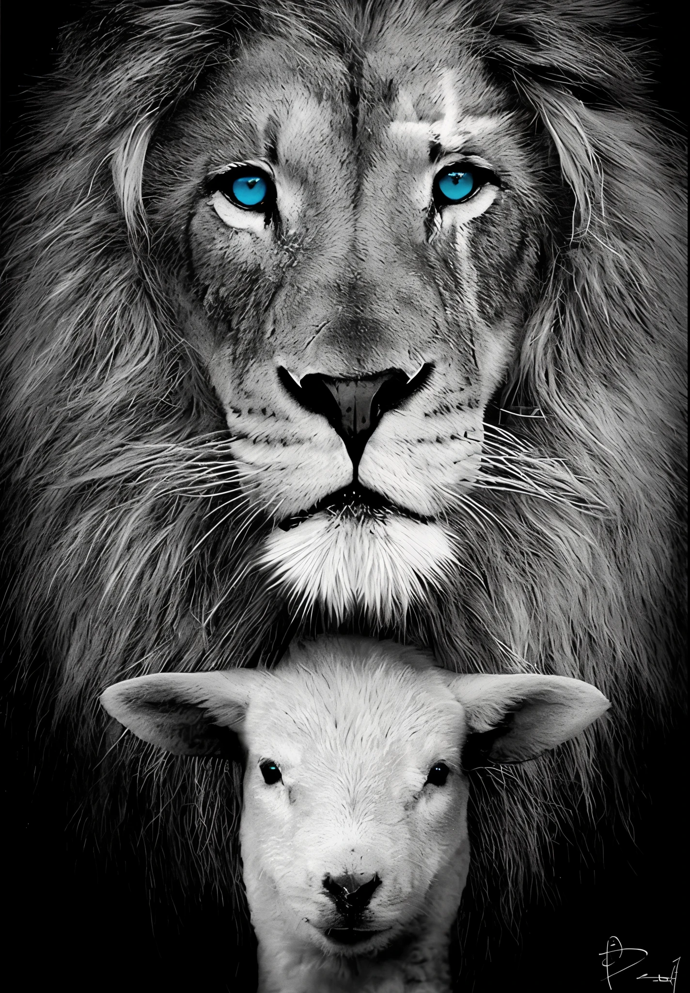 lion and lamb with blue eyes in black and white photography, lions, Direction: Willy Bo Richardson, por Derek Zabrocki, Animais bonitos detalhados, Symmetrical!!, foto de animal de arte digital, 2 animais, fantastic art, Rei dos Reis, by Bernard D'Andrea, por Daniel Seghers, foto deslumbrante, por Matt Stewart, olhar orgulhoso