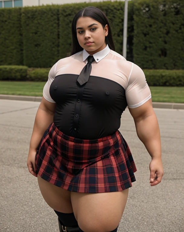 A large thick girl ,   wide hips, wide waist,  wide shoulders,  large torso ,  muscular biceps ,  Generate a full length  portrait of an overweight fat  Chery Cole, huge muscular pecs A heavily muscled iffb pro female bodybuilder,  latex Jowowha Womens  Cosplay Set Short Sleeve Shirt with Tie and Plaid Skirt Fancy Dress Cosplay Costume