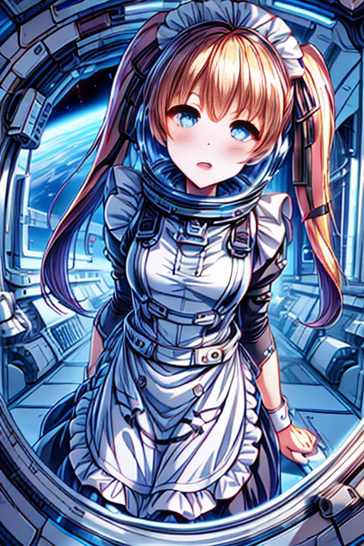 ticker_eriri, sawamura spencer eriri, 1 girl, blonde hair, blue eyes, twin tails, alone, tooth, long hair, hair ribbon, anime coloring book, blush, bangs, black ribbon, long dress, maid, maid apron, roswaal mansion maid uniform,(spacesuit):0.5,
, (masterpiece:1.6, highest quality), (Beautiful detailed eyes: 1.2),  bing astronaut