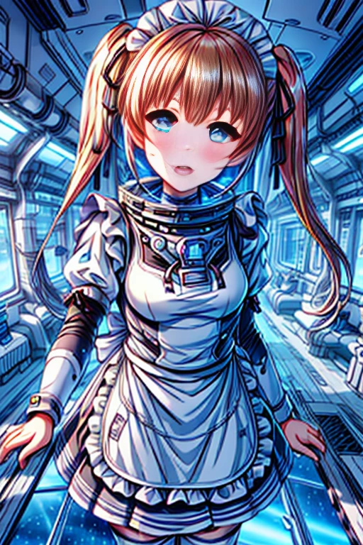 ticker_eriri, sawamura spencer eriri, 1 girl, blonde hair, blue eyes, twin tails, alone, tooth, long hair, hair ribbon, anime coloring book, blush, bangs, black ribbon, long dress, maid, maid apron, roswaal mansion maid uniform,(spacesuit):0.5,
, (masterpiece:1.6, highest quality), (Beautiful detailed eyes: 1.2), bing astronaut