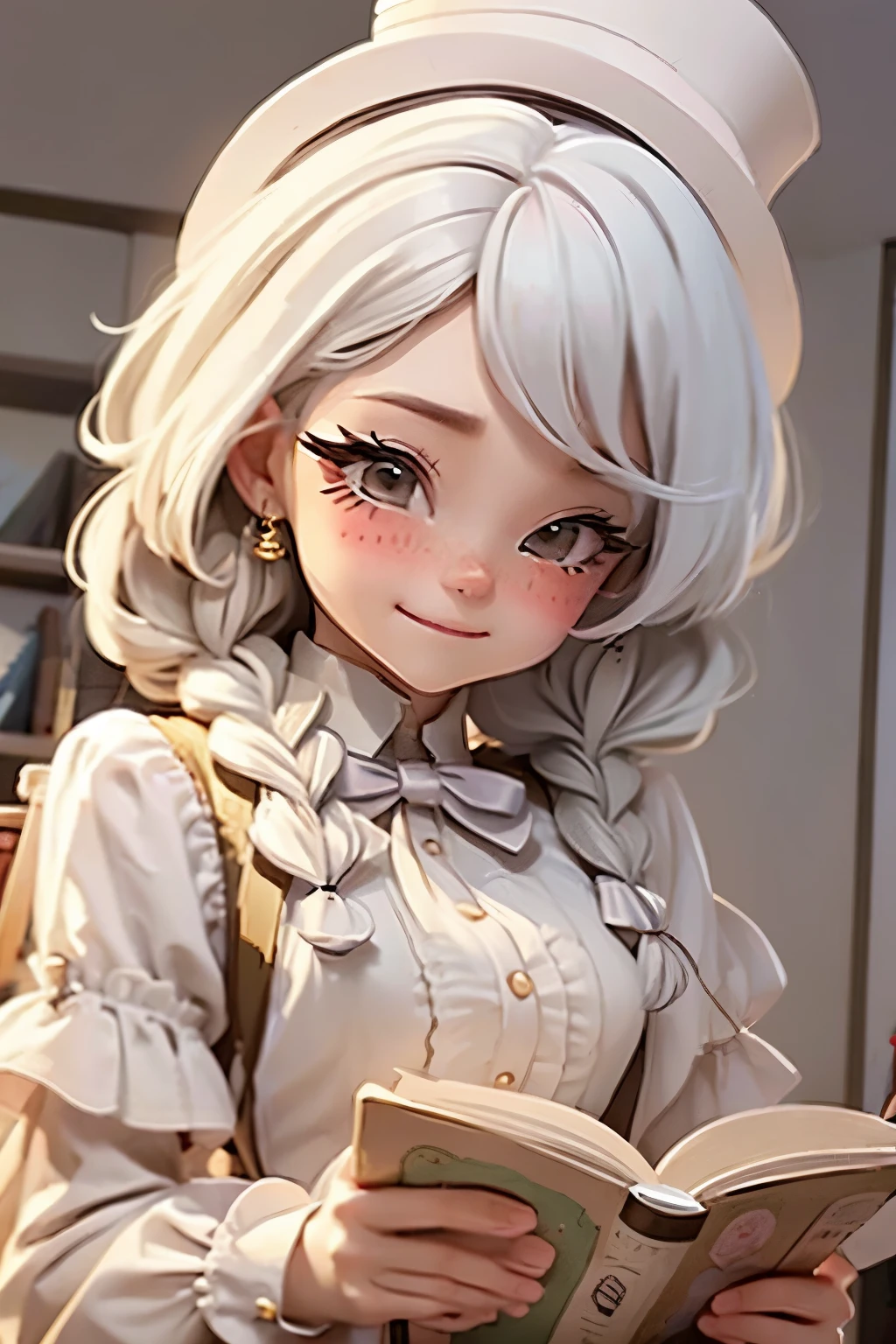 Lolli girl, braid hair, school, reading books, library background, white hair, cute shy happy pose, wearing TOP HAT