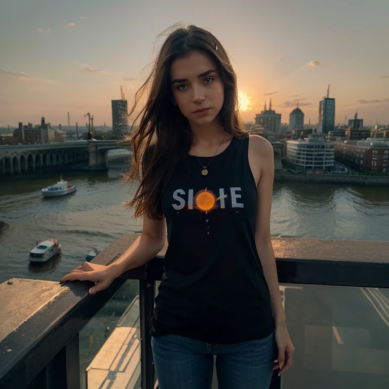 Albanian, girl, brown hair, blue eyes, short black top, London, sun gazing, Emo clothes, glowing eyes, beautiful skyline, feeling sadness, tears, full body picture, psychedelic energy