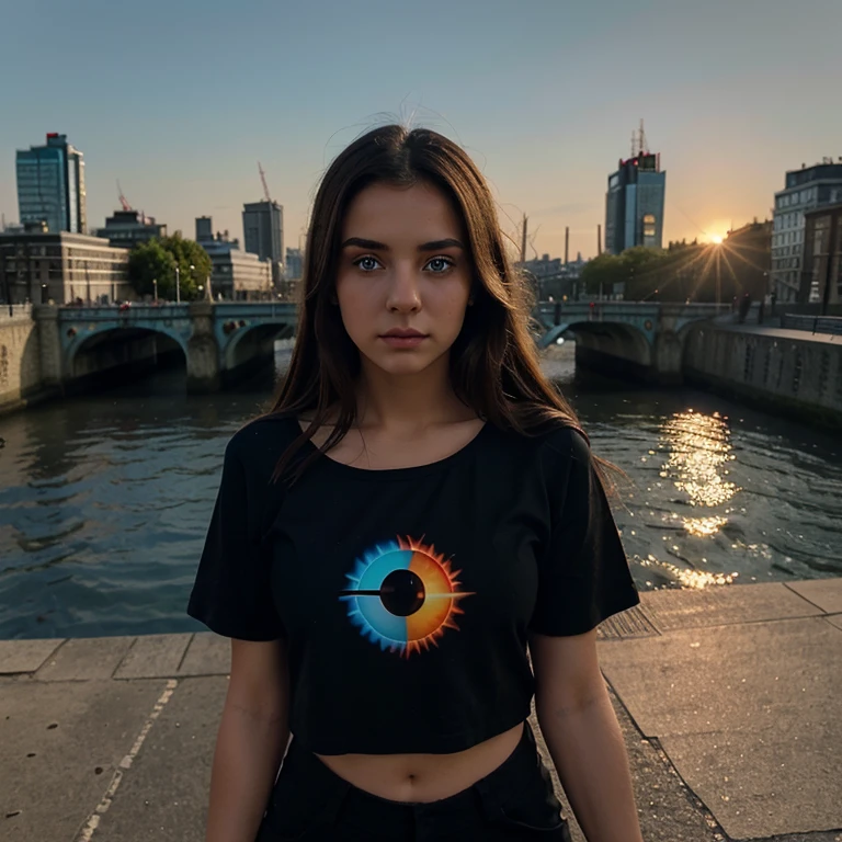 Albanian, girl, brown hair, blue eyes, short black top, London, sun gazing, Emo clothes, glowing eyes, beautiful skyline, feeling sadness, tears, full body picture, psychedelic energy