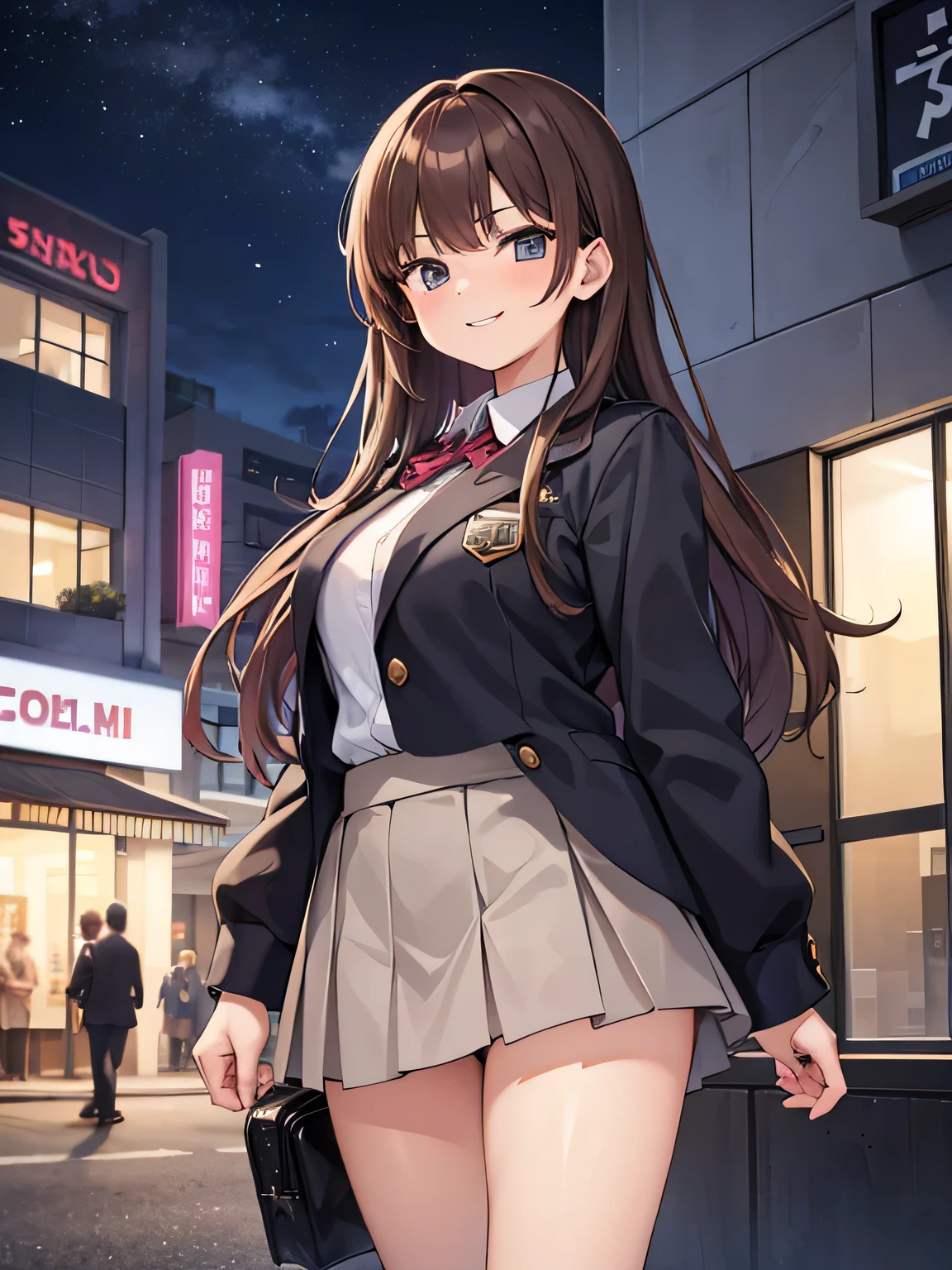 (1) A woman hides behind a building and looks around..
(2) The woman is a high school girl with brown hair and wearing a miniskirt.。.
(3) woman has a smile on her face.
(4) The location is a business district at night..