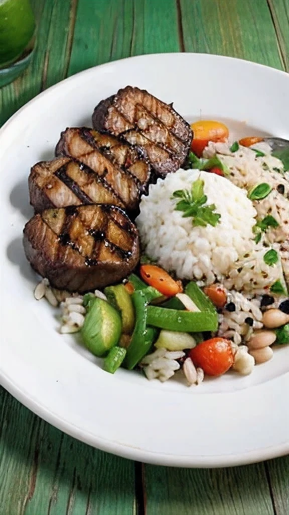 Produza uma imagem realista que represente uma vista superior de uma placa branca posicionada sobre um fundo verde. The dish contains an appetizing portion of assorted vegetables, rice and beans, standing out with a juicy piece of grilled steak in the center. Ensure lighting and details convey an authentic feel, appetizing feeling