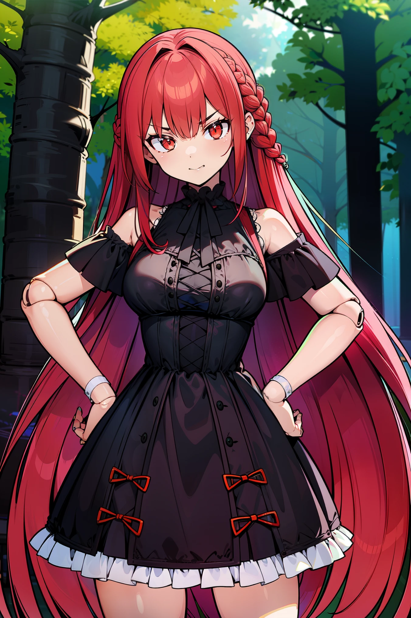 masterpiece, best quality, ultra high quality, blurry, 1girl, solo, crimson red hair, very long hair, french braid, single sidelock, red eyes, glowing eyes, medium breasts, mature girl, neutral, cold, evil face, mischievous, black victorian dress, ornate white dress, (sleeveless), off-shoulder dress, frills, (dollgirl, doll joints), looking at viewer, ((single hand on hip)), (glowing light), focus on character, forest, trees