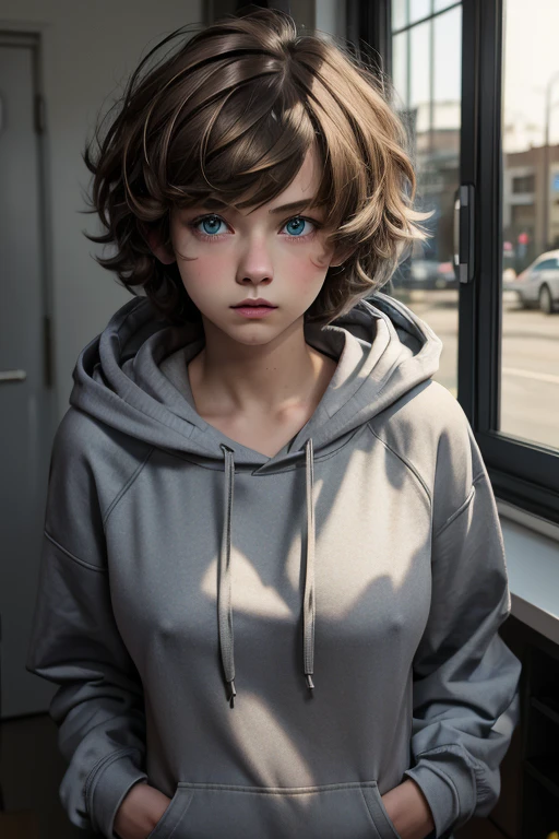 Cute, twink, dark blonde hair, , teenager, black hoodie, blue eyes, short hair, messy hair, matthew grey gubler as a girl, surprised expression, busty, huge breast implants, thin, feminine body, bmb-fc