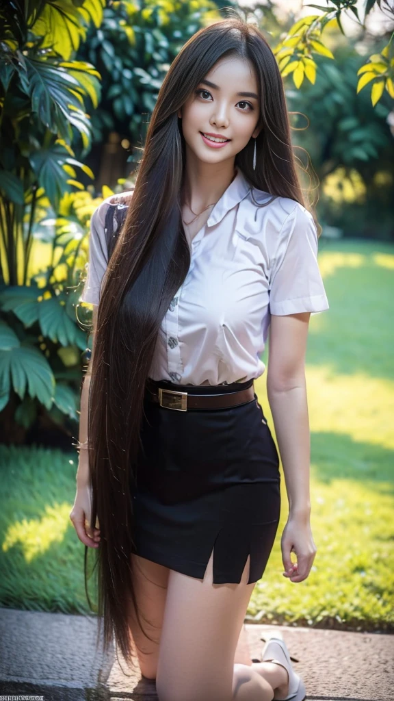 highest resolution, 8K, high definition, (((My hair is very long., My hair is very long., My hair is very long., Extra long, Knee-length hair))), Thai Students, Half Thai, half Japanese, half Korean., Height 173 centimeters, (((stand, walk))), Beautiful face, แต่งBeautiful face, Double eyelids, red lips, smile at the corner of the mouth, beautiful eyes, Beautiful Woman, The texture is realistic., Slim white short-sleeved shirt, collar shirt, Matte black short pencil skirt, Very short, Side incision, กระโปรงสีดำด้านพร้อมbeltผู้หญิง, tight, Huge breasts, Breast augmentation, เต้าBig tits, Big tits, Plump milk, Fluffy milk, Huge breasts, Symmetrical shape, sexy figure, Thin, slim, small waist, Long legs, Beautiful thighs, Pitch black high heels, earring, Put on a watch, belt, (((full body, Look at every part of the body.))), university backdrop, building, building, lawn, outdoor sports field