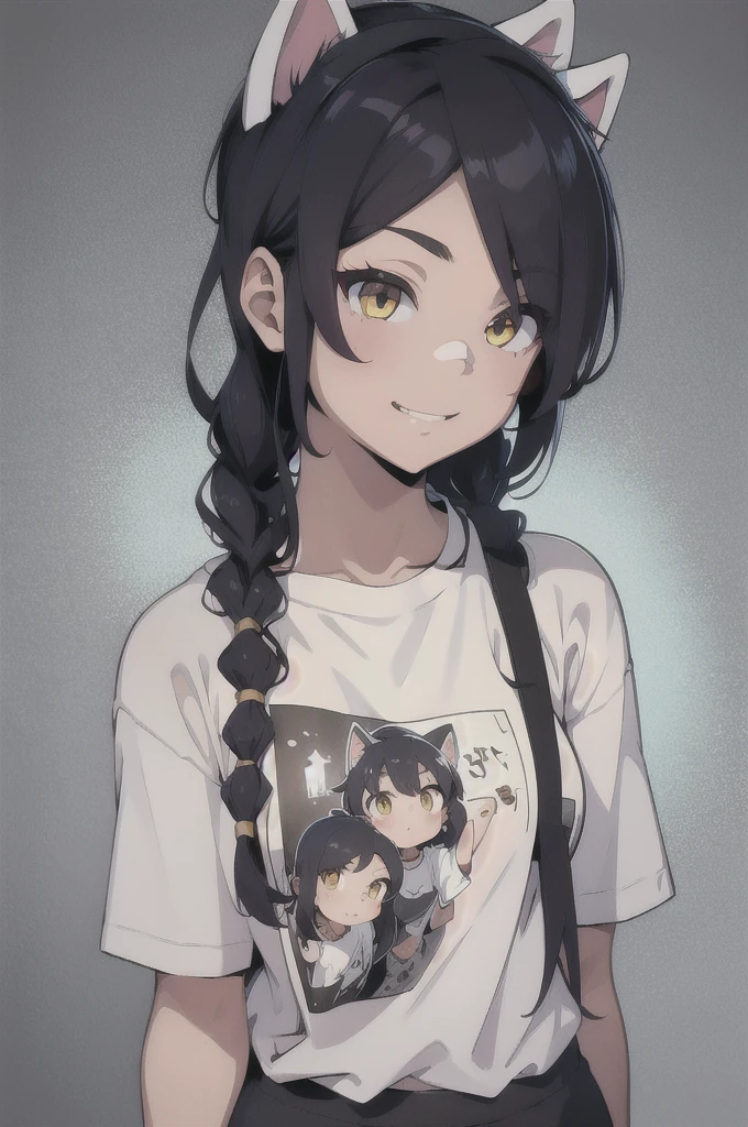 Erisa, 1girl, solo, long hair, looking at viewer, black hair, bandaid on face, yellow eyes, animal ears, smile, bandaid on nose, braid, cat ears, bandaid, bangs, breasts, fake animal ears, simple background, fang, bare shoulders, scar, teeth, shirt, tight shirt, bare shoulders, black shirt, short sleeves, closed mouth, t-shirt, hair over one eye, night city view, portrait, hair over shoulder, shorts, skin tight shirt, tight shorts, legs, sunglasses, seductive, realistic, best quality, masterpiece, ultra detail, ultra high res, extreme detail, 8k, uhd