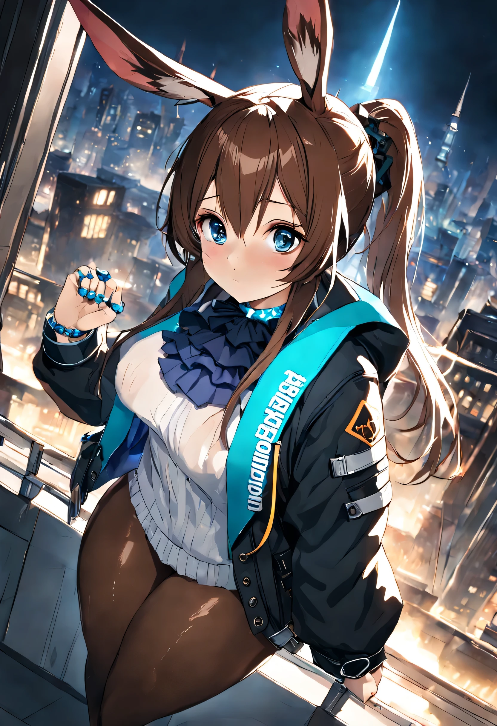 1 girl,Amiya \(arknights\),arknights,cinematic angle,shortening,dark,NSFW,highest quality,超High resolution,masterpiece,High resolution,8K,UHD,detailed lighting,animal ears,The most beautiful brown hair in the world,Bunny ears,long hair,ponytail,bangs,big beautiful blue eyes that shine,hair between eyes,jewelry,Ascot,ブルーAscot,black jacket,open jacket,hood,hooded jacket,long sleeve,tights,黒tights,open clothes,Multiple rings,thumb ring,shirt,白のshirt,blush, ultimate beautiful girl,very beautiful face,Extraordinary cute,White and beautiful shiny skin,brain out,Ultra Big,sensual,thick thighs,big ass,looking at the viewer,City of night,naked,whole body