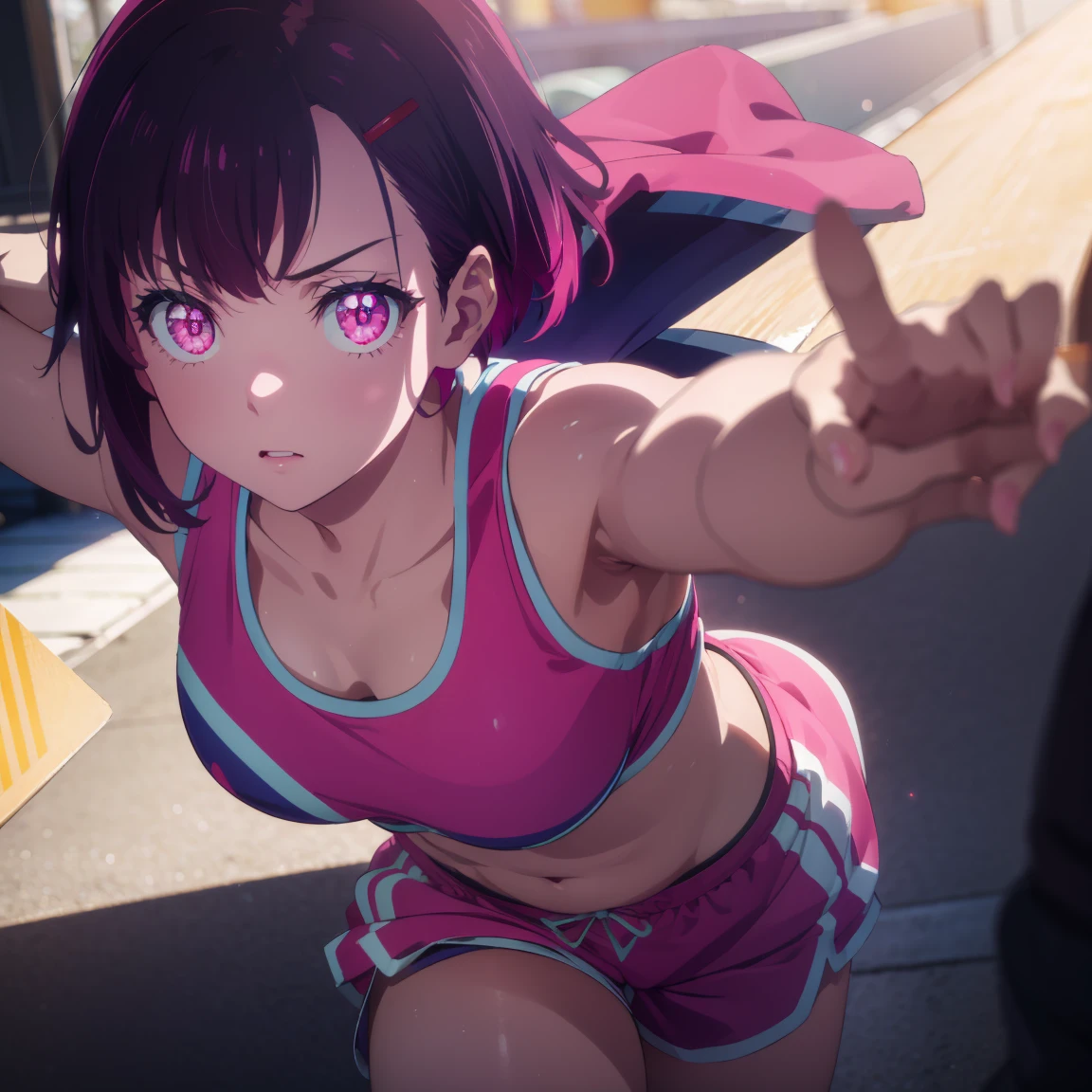 shizukamikazuki, shizuka mikazuki, short hair, purple hair, hair ornament, hair clip, (pink eyes: 1.5), wide bangs,
BREAK navel, sports bra, sportswear, shorts, pink shorts, very sweaty,
(Sex with a Fat Man),
BREAK R 1 8 looking at the fat man,
BREAK outdoors,
BREAK (masterpiece: 1.2), best quality, high resolution, Unity 8K wallpaper, (artwork: 0.8), (beautiful detailed eyes: 1.6), highly detailed face, perfect lighting, highly detailed CG, (perfect hands, perfect anatomy),