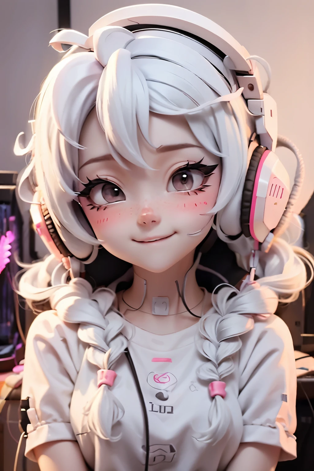 Lolli girl, braid hair, school, LISTEN MUSIC, GAMING background, white hair, cute shy happy pose, wearing HEADSET