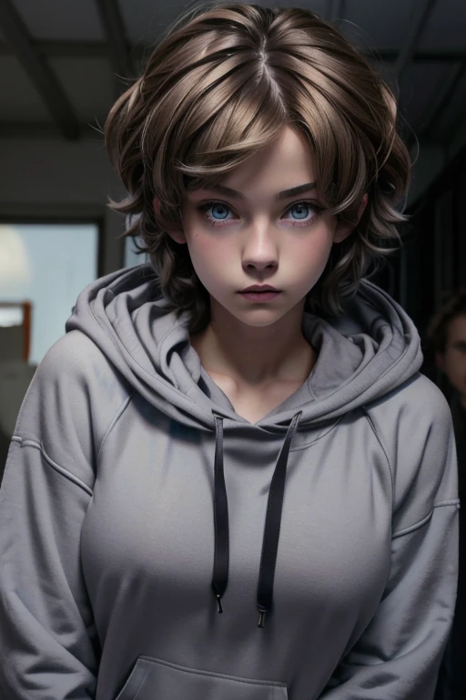 Cute, twink, dark blonde hair, , teenager, black hoodie, blue eyes, short hair, messy hair, matthew grey gubler as a girl, surprised expression, busty, huge soft breasts, thin, feminine body, bmb-fc