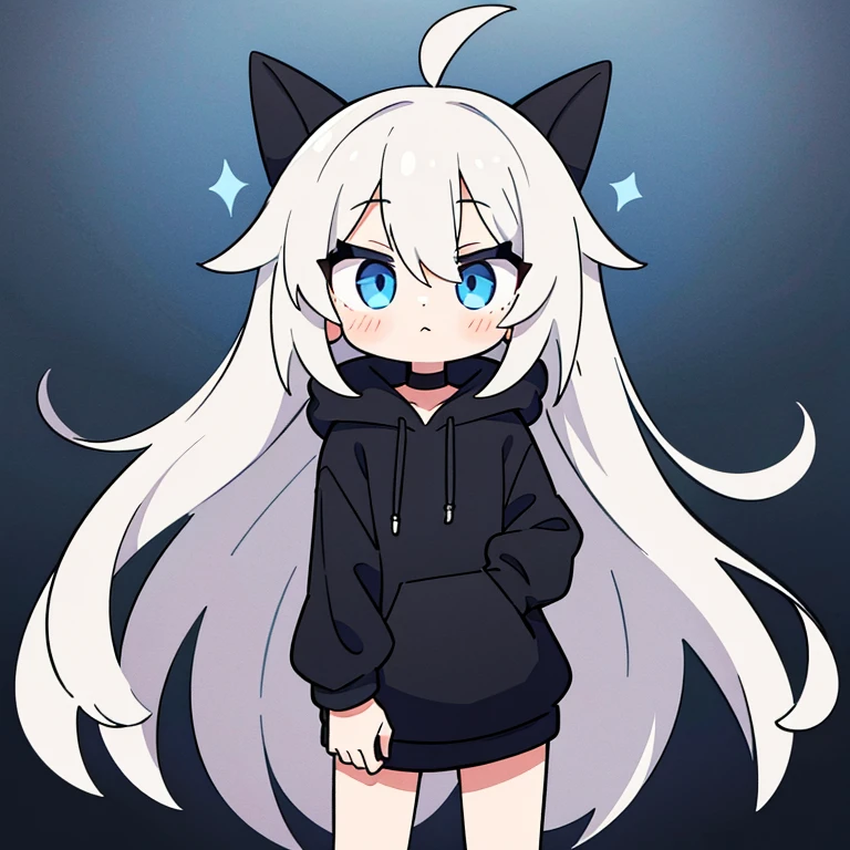 1 girl, gray hair, long hair, black hoodie, blue mesh in hair