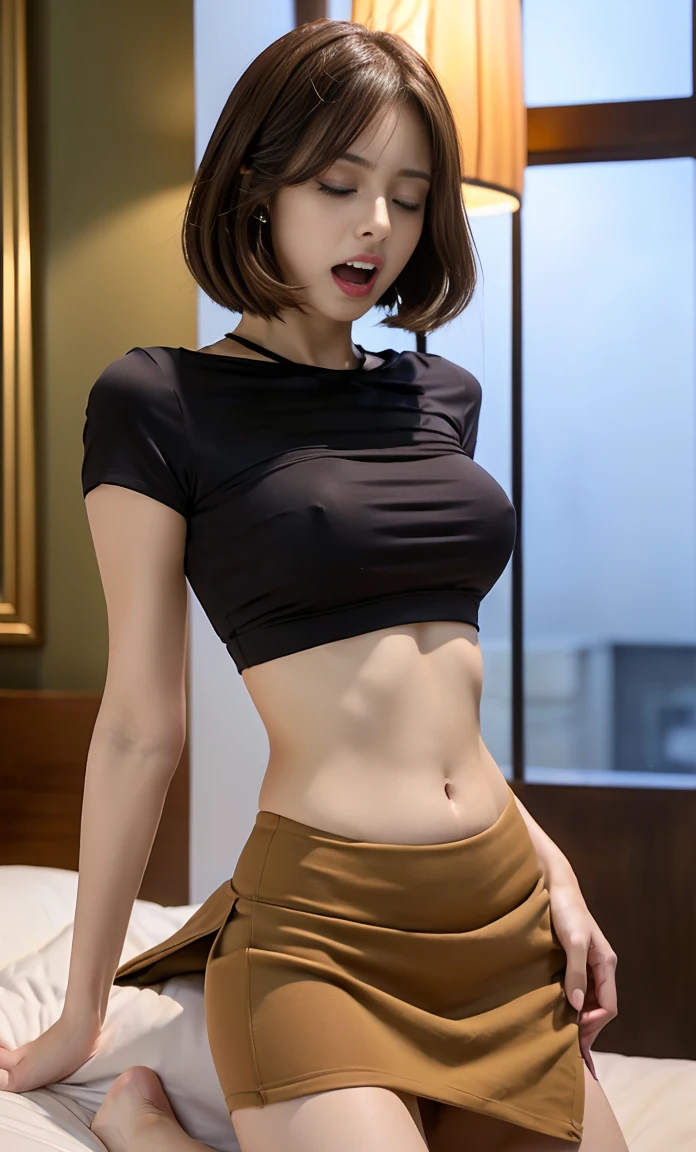 piece ((realistic lighting, highest quality, 8K, masutepiece: 1.3)), clear focus: 1.8, 1 pretty girl, ((Idle CPOP: 1.perfect beauty: 1.4, slim abs: 1.1, ((dark brown hair)), exquisite features, tight body t-shirt, Ultra low-rise skirt、big breasts、I can see my belly button、exposed lower abdomen、sexy hip bones、beautiful hip bone skin、Hip bone exposure、naked lower abdomen、tight waist、skinny body、toned lower abdomen、Detailed skin of lower abdomen、Detailed skin of suprapubic bone、super low skirt、Naked around the waist、exposing the top of the pubic bone、exposure of the lower abdomen、skirt that falls to the crotch、big breasts、slim body shape, (indoor, night: 1.3), View of a 5-star hotel, super fine face, fine eyes, double eyelid、She has a flesh-colored rod in her pussy.、straddle。i close my eyes and scream。insert male genitals into female genitals