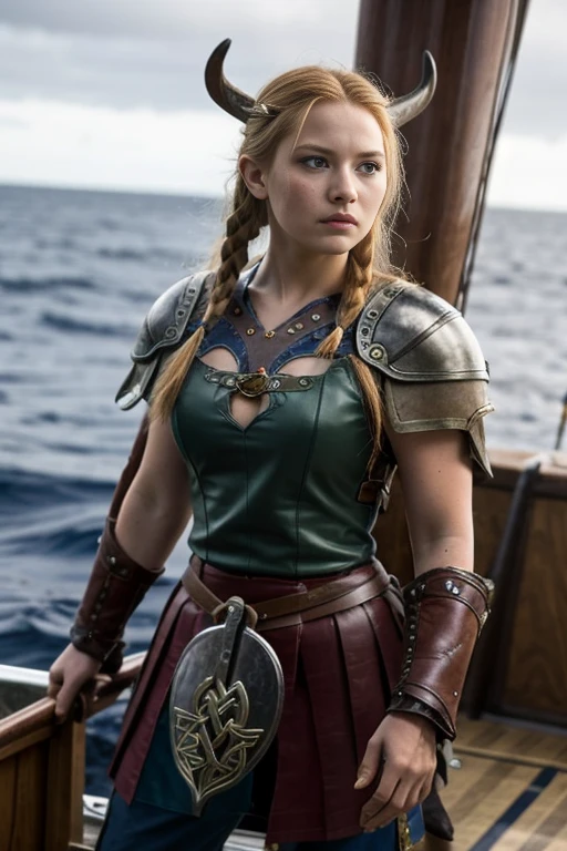 1 Girl, 20 years old, (((Viking warrior))), wearing Viking battle costumes, red hair with braids, blue eyes, athletic body, fitness, perfect breasts, freckles on face, serious look, You're sailing on a drakkar On the Celtic Sea, 