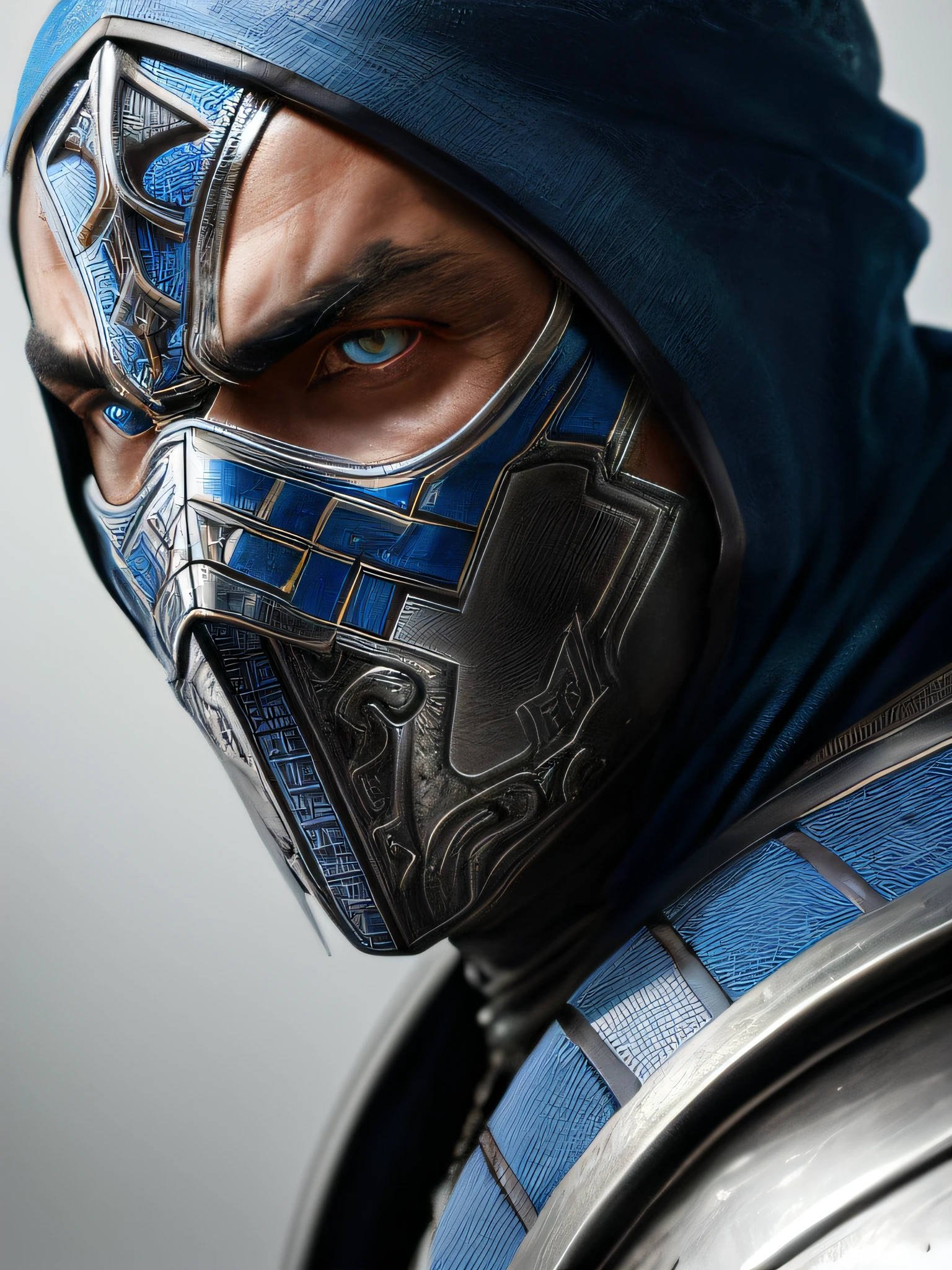 um retrato, Sub-zero de mortal kombat, olhos brancos detalhados, armadura preta e azul, capuz, veins in your arm, intrincado, alto detalhe, sharp focus, Dramatic and Photorealistic Painting Art by Greg Rutkowski