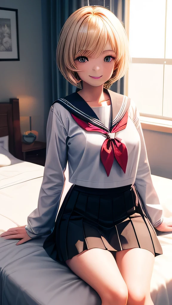 1girl in、A smile、Japanese、highschool、white sailor uniform、cleavage;1.2、Very cute、glad looking face、short-hair、Golden head hair、3D rendering、bed room、black skirt