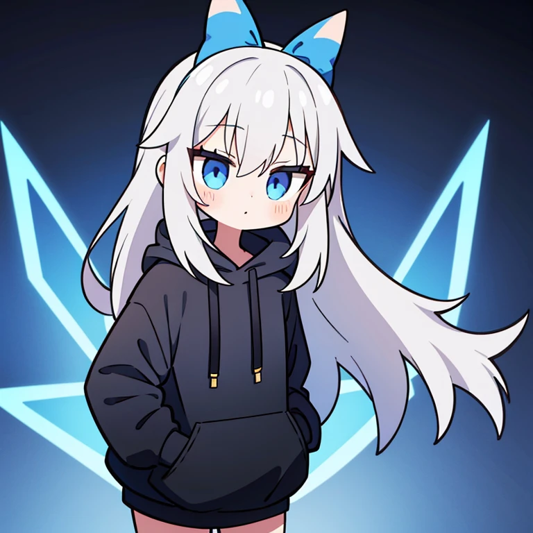 1 girl, gray hair, long hair, black hoodie, blue mesh in hair