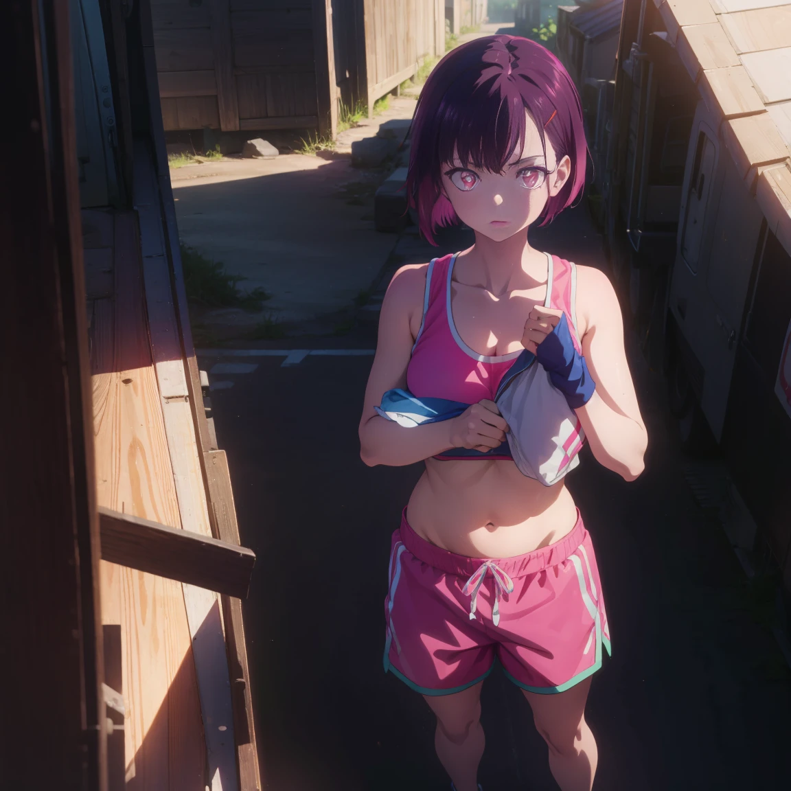 shizukamikazuki, shizuka mikazuki, short hair, purple hair, hair ornament, hair clip, (pink eyes: 1.5), wide bangs,
BREAK navel, sports bra, sportswear, shorts, pink shorts, very sweaty,
BREAK (Sex with a Fat Man),
BREAK R 1 8 looking at the fat man,
BREAK outdoors,
BREAK (masterpiece: 1.2), best quality, high resolution, Unity 8K wallpaper, (artwork: 0.8), (beautiful detailed eyes: 1.6), highly detailed face, perfect lighting, highly detailed CG, (perfect hands, perfect anatomy),