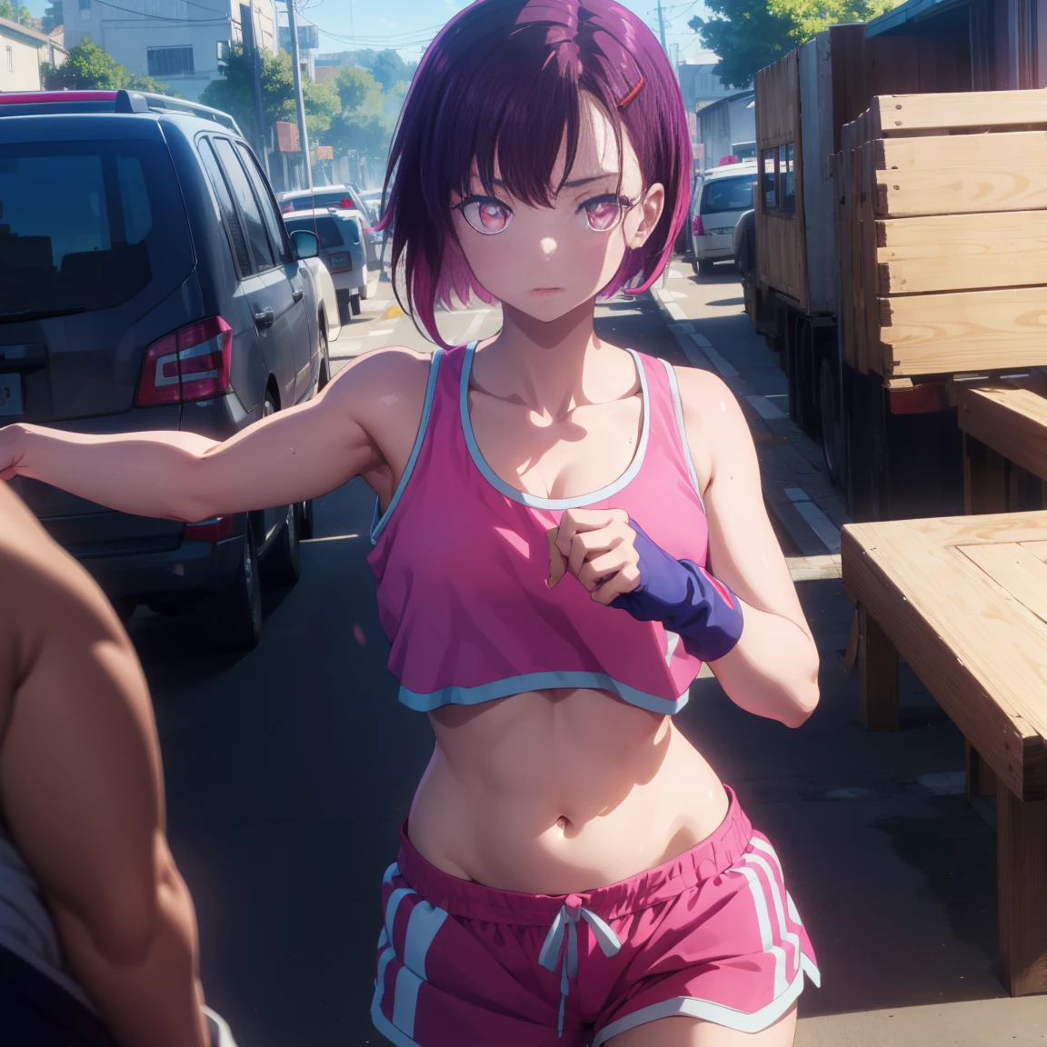 shizukamikazuki, shizuka mikazuki, short hair, purple hair, hair ornament, hair clip, (pink eyes: 1.5), wide bangs,
BREAK navel, sports bra, sportswear, shorts, pink shorts, very sweaty,
BREAK (Sex with a Fat Man),
BREAK R 1 8 looking at the fat man,
BREAK outdoors,
BREAK (masterpiece: 1.2), best quality, high resolution, Unity 8K wallpaper, (artwork: 0.8), (beautiful detailed eyes: 1.6), highly detailed face, perfect lighting, highly detailed CG, (perfect hands, perfect anatomy),