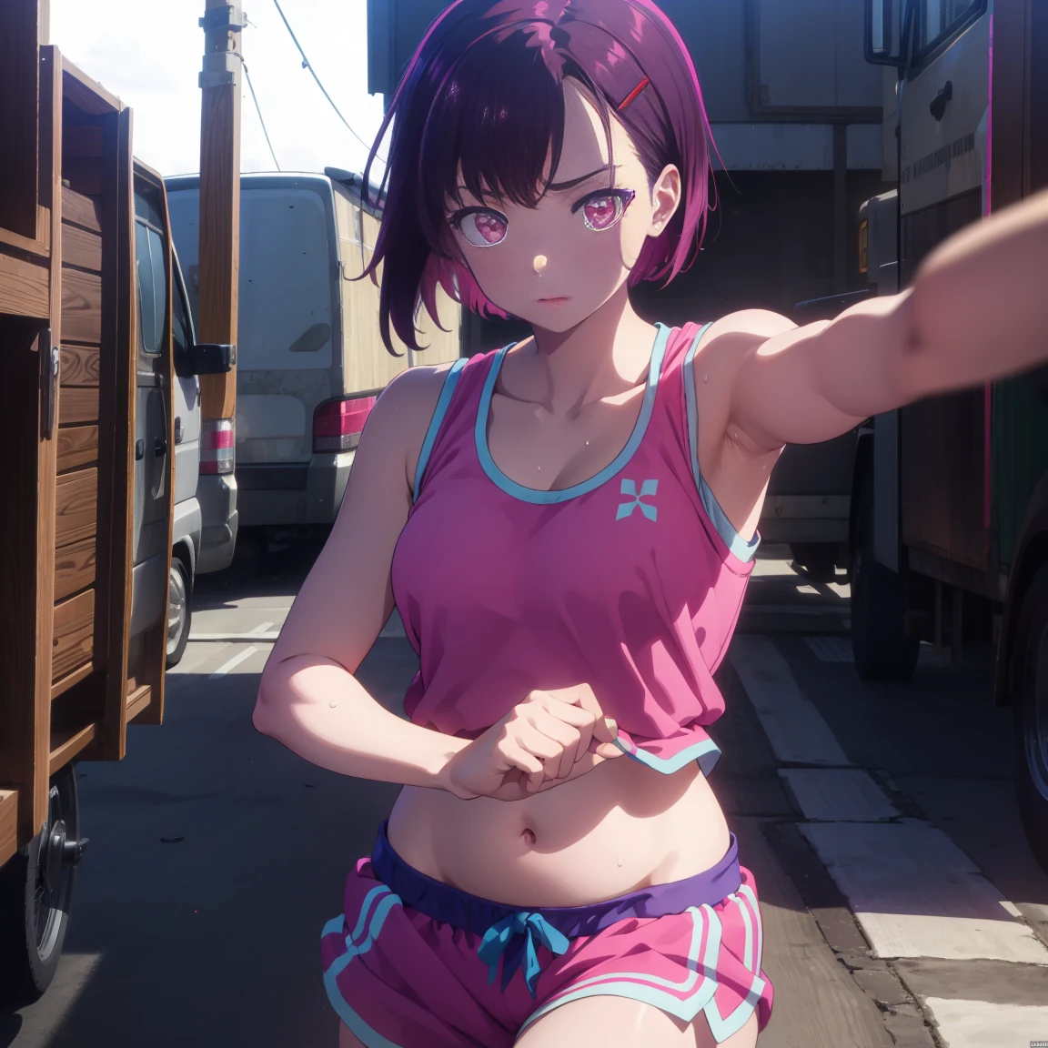 shizukamikazuki, shizuka mikazuki, short hair, purple hair, hair ornament, hair clip, (pink eyes: 1.5), wide bangs,
BREAK navel, sports bra, sportswear, shorts, pink shorts, very sweaty,
BREAK (Sex with a Fat Man),
BREAK R 1 8 looking at the fat man,
BREAK outdoors,
BREAK (masterpiece: 1.2), best quality, high resolution, Unity 8K wallpaper, (artwork: 0.8), (beautiful detailed eyes: 1.6), highly detailed face, perfect lighting, highly detailed CG, (perfect hands, perfect anatomy),