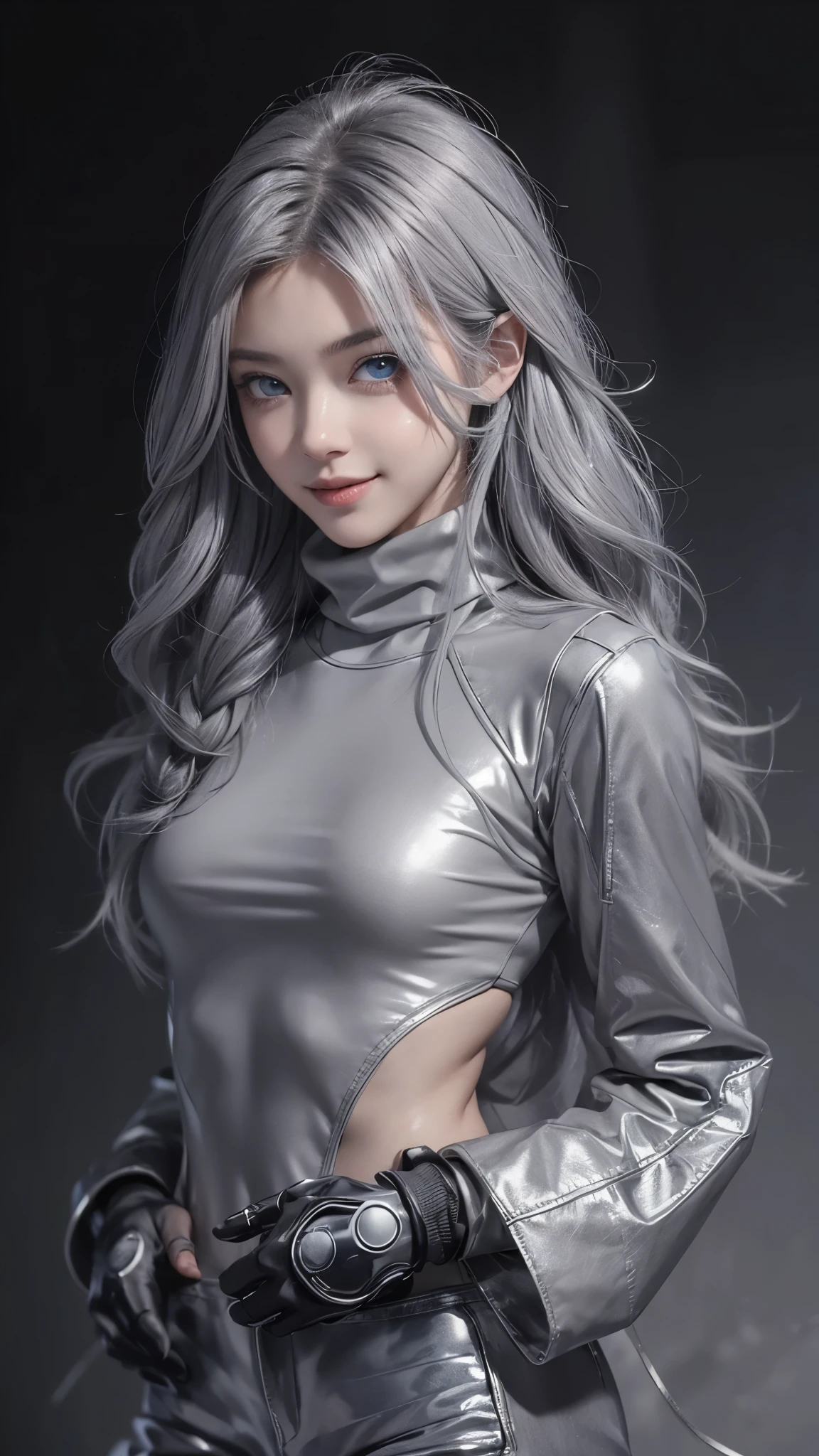 (anime, Unreal:1.2), (portrait:1.6), (brand collection, fashion brand theme:1.6), (detailed, beautiful, masterpiece, best quality:1.2), _ BREAK (1girl:1.2), 22 years old, 160 cm, Japanese cute model, Tightened all body, medium Breasts, small head, small face, diamond Face, small nose, Sharp Faceline, Detailed face, Detailed eyes, young hands and fingers, beautiful hands and fingers, five fingers, _ BREAK (happy, smile, Glossy Lips:1.3), (Light color lips, Half open mouth, beautiful Teeth:1.2), (dropy eyes, Double eyelid, light color eyes, Shiny eyes:1.5), Shiny skin, _ BREAK (arranged hairstyle:1.4), (gray hair:1.4), shiny hair, _ BREAK (gray simple blurry background:1.4), (mist, fog:1.4), _ BREAK (cowboy shot:1.4), (standing, sexy model pose:1.2), BREAK (Cyberpunk and wool fusion:1.3), ((wear an oversized wool turtleneck with rubberized surface) for a luxurious, futuristic, bodysuit, High legs, and warm feel:1.2), (large sleeves:1.2), (7/8 length:1.2), (simple yet cyberpunk-themed design:1.3),
BREAK (black and gray theme:1.2), (Low rise skinny pants with a subtle reflective pattern:1.2), (ankle boots with sleek metal details:1.2), (edgy and versatile:1.2),
BREAK (gray background:1.4), (confident standing pose:1.2),