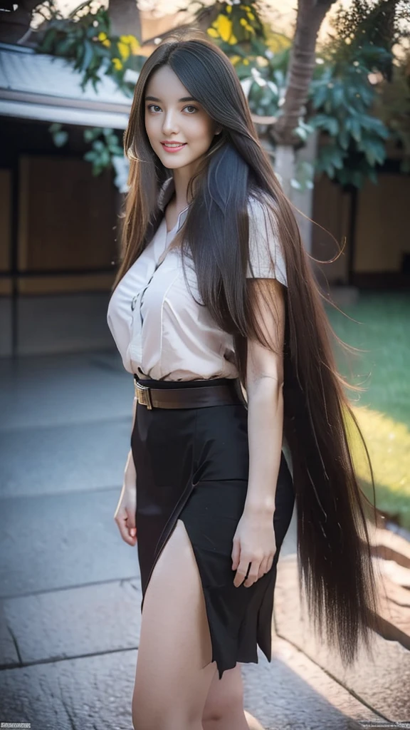 highest resolution, 8K, high definition, (((My hair is very long., My hair is very long., My hair is very long., Extra long, Knee-length hair))), Thai Students, Half Thai, half Japanese, half Korean., Height 173 centimeters, (((stand, walk))), Beautiful face, แต่งBeautiful face, Double eyelids, red lips, smile at the corner of the mouth, beautiful eyes, Beautiful Woman, The texture is realistic., Slim white short-sleeved shirt, collar shirt, Matte black short pencil skirt, Very short, Side incision, กระโปรงสีดำด้านพร้อมbeltผู้หญิง, tight, Huge breasts, Breast augmentation, เต้าBig tits, Big tits, Plump milk, Fluffy milk, Huge breasts, Symmetrical shape, sexy figure, Thin, slim, small waist, Long legs, Beautiful thighs, Pitch black high heels, earring, Put on a watch, belt, (((full body, Look at every part of the body.))), university backdrop, building, building, lawn, outdoor sports field