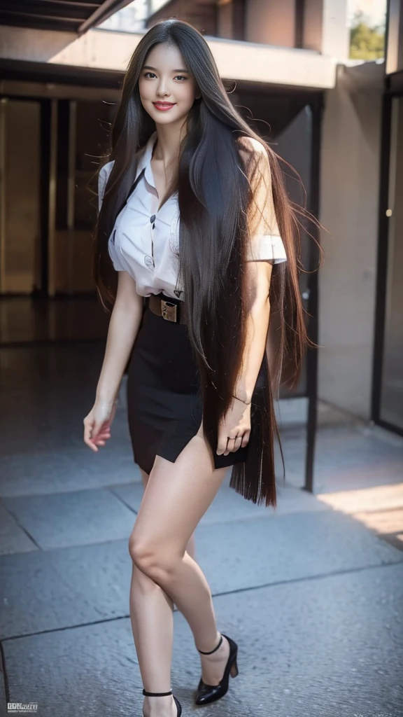 highest resolution, 8K, high definition, (((My hair is very long., My hair is very long., My hair is very long., Extra long, Knee-length hair))), Thai Students, Half Thai, half Japanese, half Korean., Height 173 centimeters, (((stand, walk))), Beautiful face, แต่งBeautiful face, Double eyelids, red lips, smile at the corner of the mouth, beautiful eyes, Beautiful Woman, The texture is realistic., Slim white short-sleeved shirt, collar shirt, Matte black short pencil skirt, Very short, Side incision, กระโปรงสีดำด้านพร้อมbeltผู้หญิง, tight, Huge breasts, Breast augmentation, เต้าBig tits, Big tits, Plump milk, Fluffy milk, Huge breasts, Symmetrical shape, sexy figure, Thin, slim, small waist, Long legs, Beautiful thighs, Pitch black high heels, earring, Put on a watch, belt, (((full body, Look at every part of the body.))), university backdrop, building, building, lawn, outdoor sports field