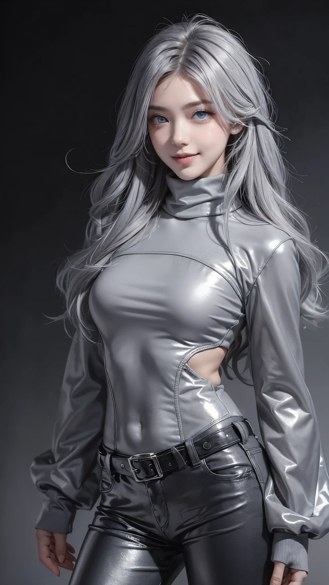 (anime, Unreal:1.2), (portrait:1.6), (brand collection, fashion brand theme:1.6), (detailed, beautiful, masterpiece, best quality:1.2), _ BREAK (1girl:1.2), 22 years old, 160 cm, Japanese cute model, Tightened all body, medium Breasts, small head, small face, diamond Face, small nose, Sharp Faceline, Detailed face, Detailed eyes, young hands and fingers, beautiful hands and fingers, five fingers, _ BREAK (happy, smile, Glossy Lips:1.3), (Light color lips, Half open mouth, beautiful Teeth:1.2), (dropy eyes, Double eyelid, light color eyes, Shiny eyes:1.5), Shiny skin, _ BREAK (arranged hairstyle:1.4), (gray hair:1.4), shiny hair, _ BREAK (gray simple blurry background:1.4), (mist, fog:1.4), _ BREAK (cowboy shot:1.4), (standing, sexy model pose:1.2), BREAK (Cyberpunk and wool fusion:1.3), ((wear an oversized wool turtleneck with rubberized surface) for a luxurious, futuristic, bodysuit, High legs, and warm feel:1.2), (large sleeves:1.2), (7/8 length:1.2), (simple yet cyberpunk-themed design:1.3),
BREAK (black and gray theme:1.2), (Low rise skinny pants with a subtle reflective pattern:1.2), (ankle boots with sleek metal details:1.2), (edgy and versatile:1.2),
BREAK (gray background:1.4), (confident standing pose:1.2),