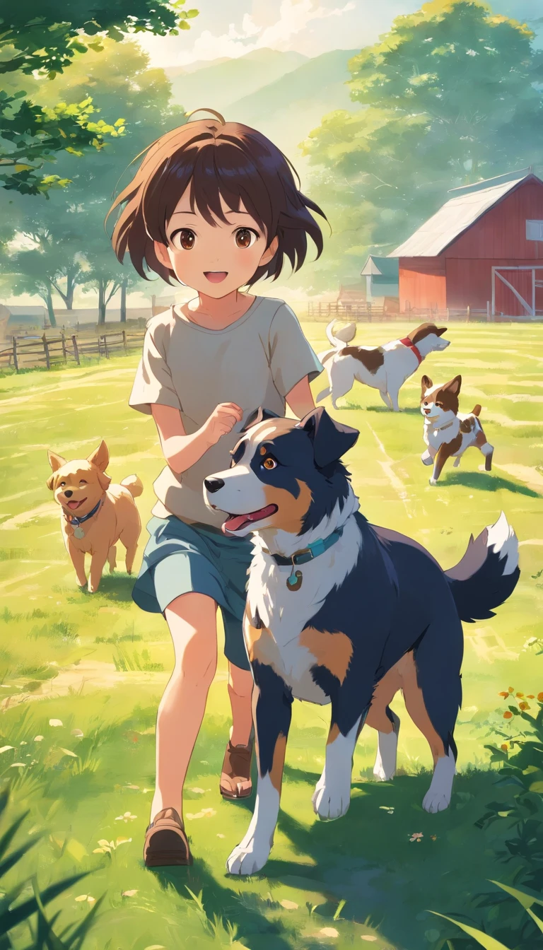 Children are playing with dogs on the farm.