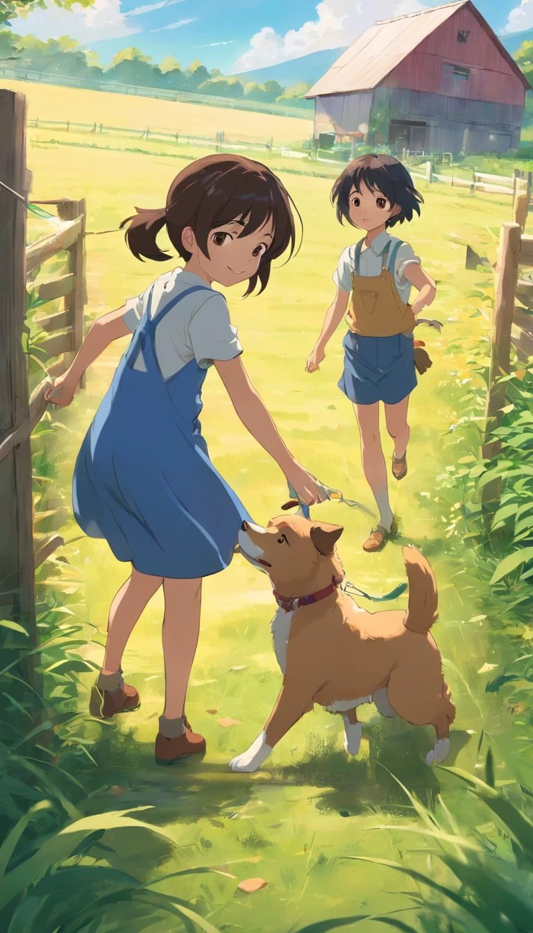 Children are playing with dogs on the farm.