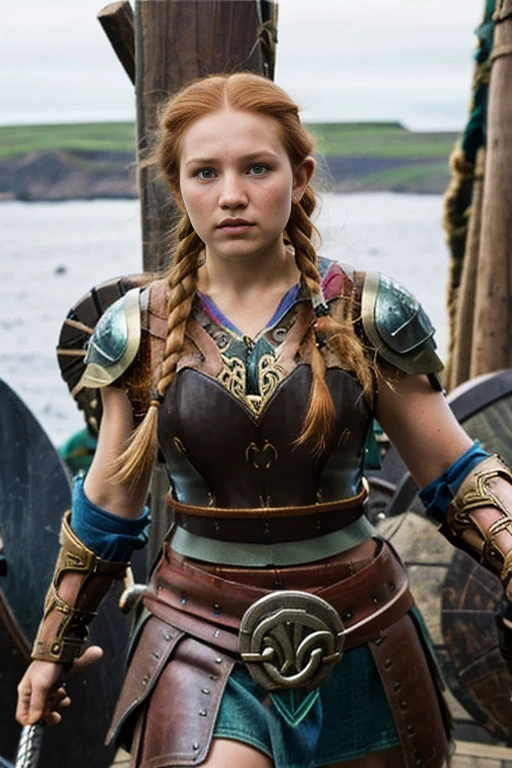 1 Girl, 20 years old, (((Viking warrior))), wearing Viking battle costumes, red hair with braids, blue eyes, athletic body, fitness, perfect breasts, freckles on face, serious look, You're sailing on a drakkar On the Celtic Sea, 