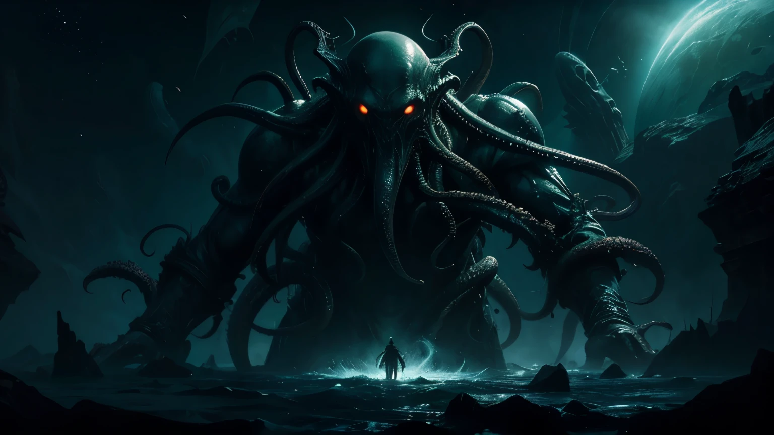 We see the haunting, surreal image of Cthulhu, his eerie, otherworldly presence floating in the void of space, passing by sinister and ominous planets.
