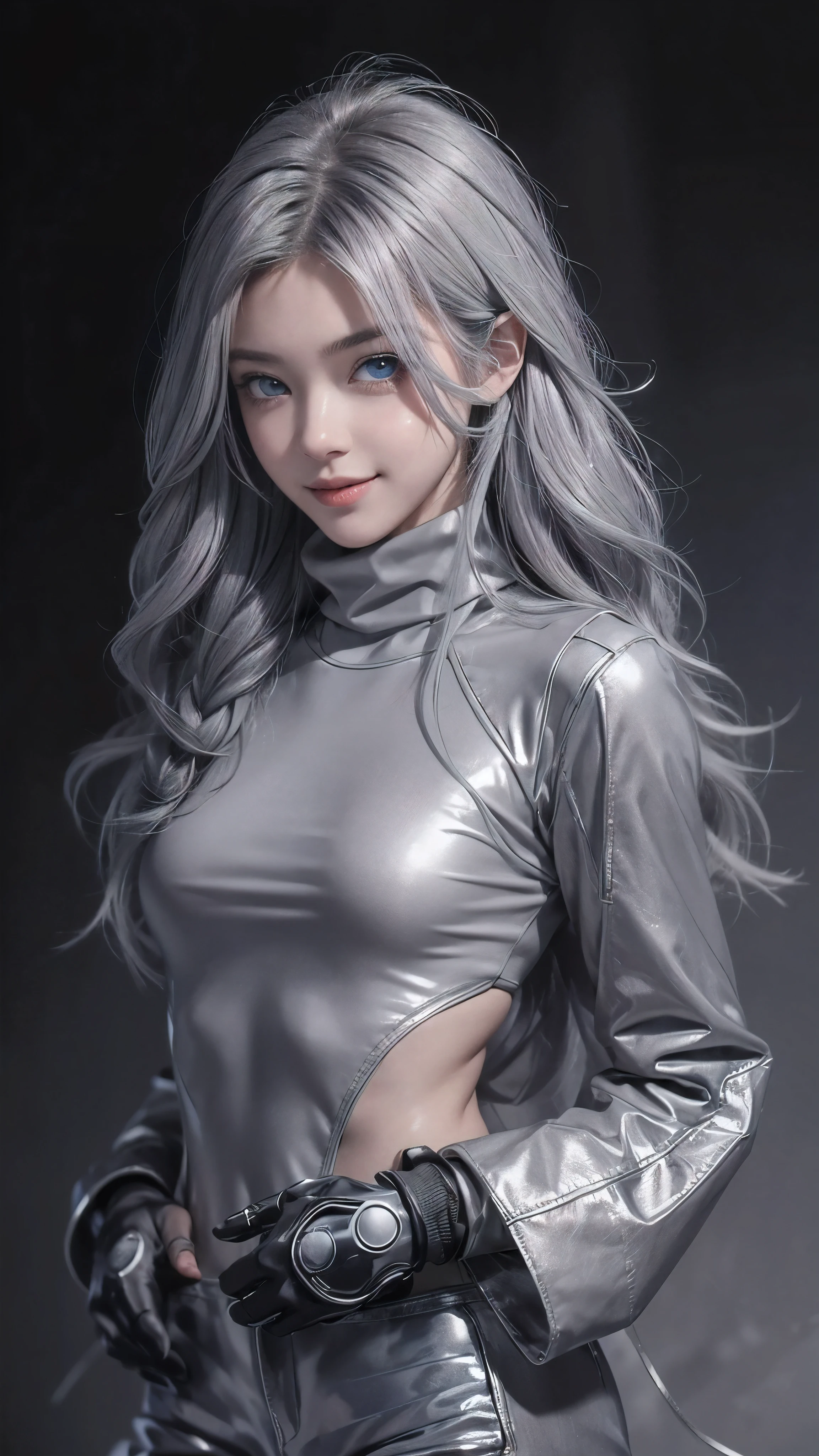(anime, Unreal:1.2), (portrait:1.6), (brand collection, fashion brand theme:1.6), (detailed, beautiful, masterpiece, best quality:1.2), _ BREAK (1girl:1.2), 22 years old, 160 cm, Japanese cute model, Tightened all body, medium Breasts, small head, small face, diamond Face, small nose, Sharp Faceline, Detailed face, Detailed eyes, young hands and fingers, beautiful hands and fingers, five fingers, _ BREAK (happy, smile, Glossy Lips:1.3), (Light color lips, Half open mouth, beautiful Teeth:1.2), (dropy eyes, Double eyelid, light color eyes, Shiny eyes:1.5), Shiny skin, _ BREAK (arranged hairstyle:1.4), (gray hair:1.4), shiny hair, _ BREAK (gray simple blurry background:1.4), (mist, fog:1.4), _ BREAK (cowboy shot:1.4), (standing, sexy model pose:1.2), BREAK (Cyberpunk and wool fusion:1.3), ((wear an oversized wool turtleneck with rubberized surface) for a luxurious, futuristic, bodysuit, High legs, and warm feel:1.2), (large sleeves:1.2), (7/8 length:1.2), (simple yet cyberpunk-themed design:1.3),
BREAK (black and gray theme:1.2), (Low rise skinny pants with a subtle reflective pattern:1.2), (ankle boots with sleek metal details:1.2), (edgy and versatile:1.2),
BREAK (gray background:1.4), (confident standing pose:1.2),