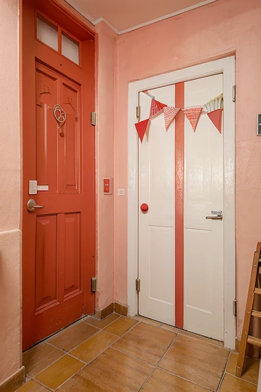 pasillo largo con muchas puertas y una rebanada de pastel y un frasco con una bebida de color rojo que dice bebeme