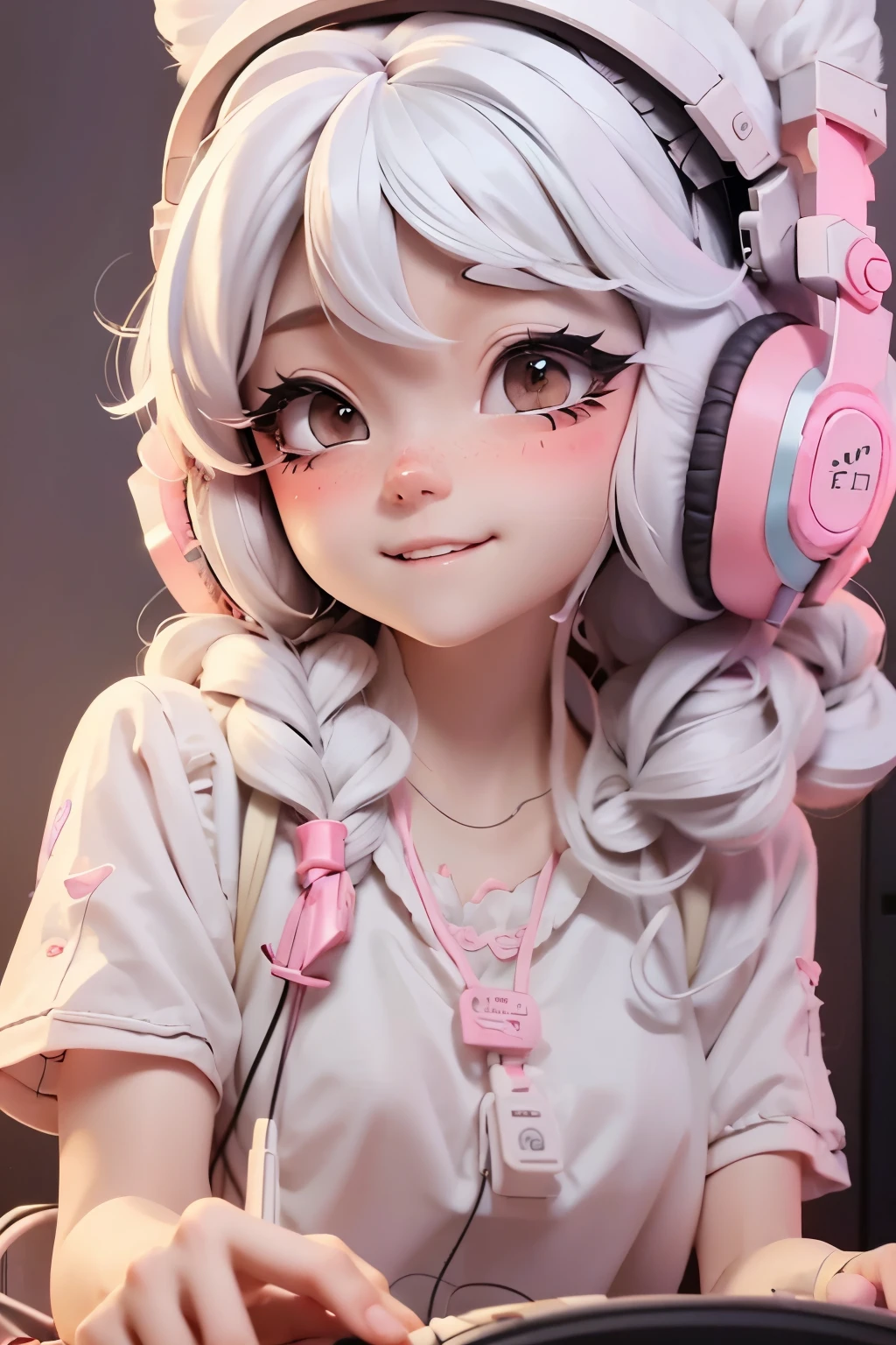 Lolli girl, braid hair, school, LISTEN MUSIC, GAMING background, white hair, cute shy happy pose, wearing HEADSET
