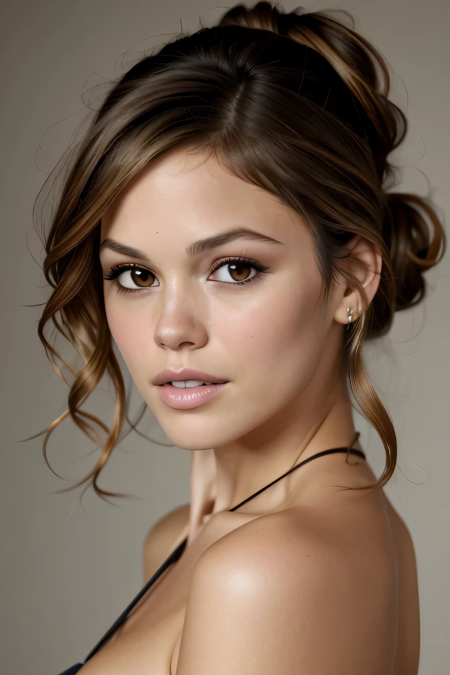 Best quality, masterpiece, ultra high res, (photorealistic:1.4), RachelBilson, (teasing), (shiny skin:1), messy bun hair, 