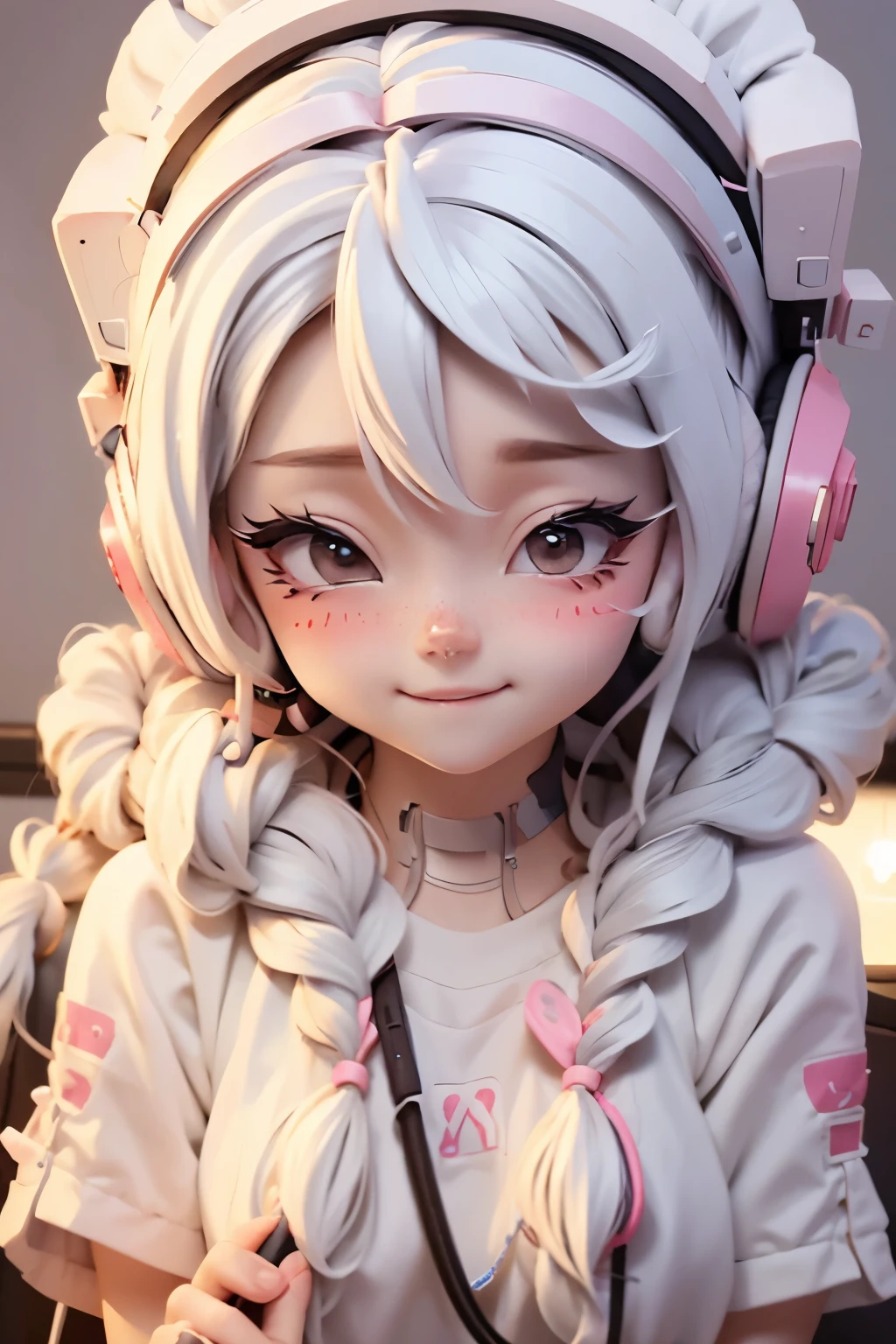 Lolli girl, braid hair, school, LISTEN MUSIC, GAMING background, white hair, cute shy happy pose, wearing HEADSET