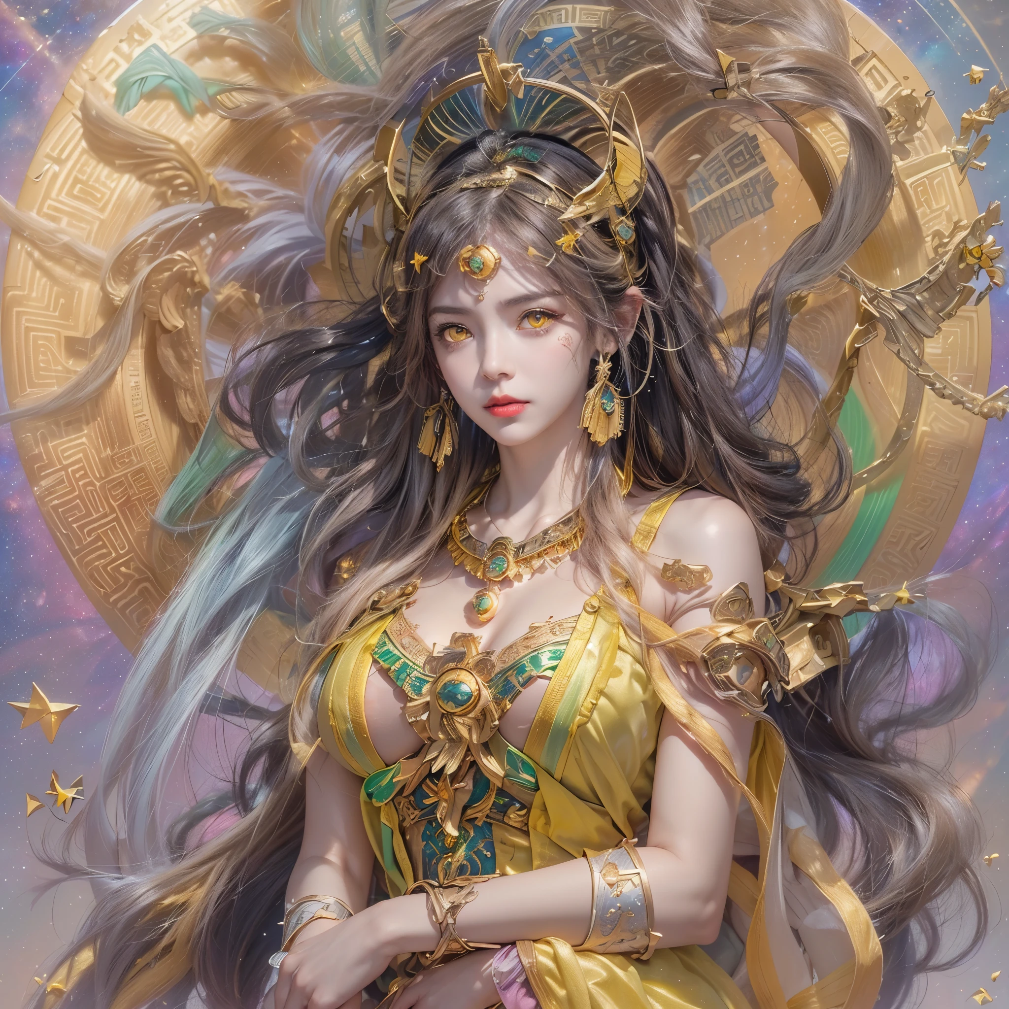1 27 year old girl, 1 Future Goddess Athena, 12 zodiac pink and purple goddess, Goddess Athena sexy face light yellow pajamas, Long thin pajamas 12 zodiac signs with multiple details sexy black lace , Athena, the goddess of mythology from the future, Elegant shimmering Athena style, dark mystery version, athena crown, red lips, Thin and beautiful lips, The goddess Athena is not smiling, a pair of pursed lips, Characters created by karol bak and pino daeni, intricate details, Detailed background, Very detailed, Light French, woman, in, Athena goddess side view, ( Large, round breasts: 1.8), (Chest very flat and regular: 1.8) Phoenix feather brooch, Long hair neatly knotted, (Long hair comes in 7 colors of the rainbow: 1.9), pretty face with details and balance for balanced eyes, (transparent yellow eyes: 1.8 ), Big round eyes and very beautiful and detailed makeup, (huge breasts), long silk pajamas, Mysterious makeup, bracelet, Lightly dyed bangs, Upper body, (雅典娜的Upper body): 1.8 ), drooping arms, Real and vivid images, (stars that make up athena: 1.7), (athena sky, The portal of time and imaginary space: 1.8), fictional art , 原始photo, hanfu photo, Best photo, High_resource, best quality, Best photo, 8K quality, 8k Extreme, Surrealism, Best Real Economic photography, artistic portrait of athena signs, 1 Back Athena Logo Icon, Portrait of a single Athena, The most realistic color scheme, 最好的彩色photo, on the table, Hair decoration, necklace, jewelry, pretty face, Upper body, Tyndall effect, Optics, dark studio, Bezel light, Two-color light, (High skin detail: 1.2), 8k UHD, digital SLR, soft light, high quality, Volumetric light, Nature, photo, High resourceolution, 4k quality, 8k, Bokeh, Smooth and sharp, 10x pixels, Charming Athena, sexy Athena, (background space: 1.8), (stripe) galaxy: 1.7), aurora, lightning, (aurora Background: 1.8), perfect eyes, 画出perfect eyes, beautiful goddess and flowers,