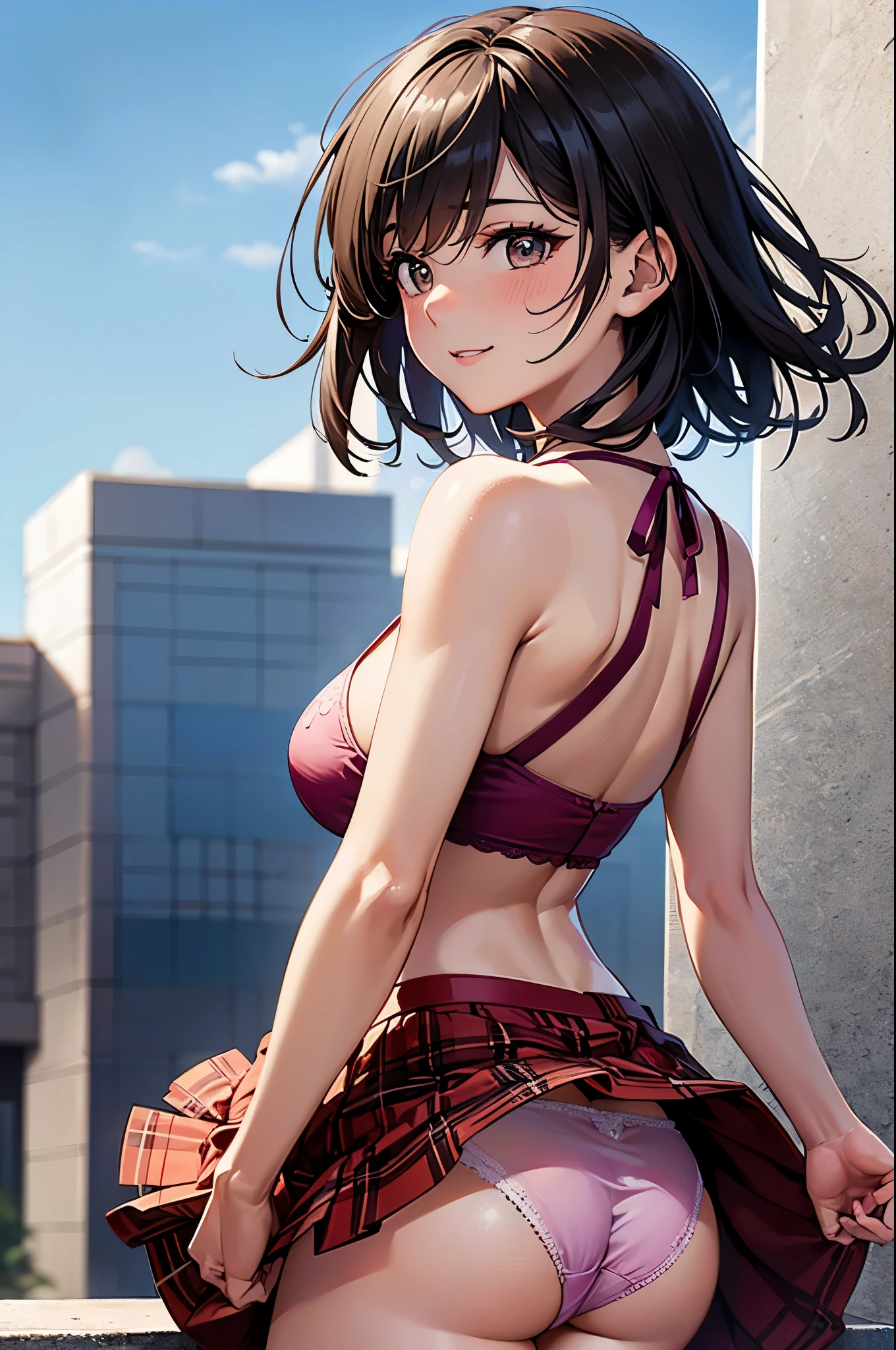 one woman, alone, middle age, きれいなmiddle ageの女性、I could see the whole body、 ((short hair)), ((brown eyes, beautiful eyelashes, realistic eyes)), ((detailed face, blush:1.2)), ((smooth texture:0.75, realistic texture:0.65, realistic:1.1, Anime CG style)), ((glamorous body)),(( big breasts)), dynamic angle, perfect body, ((purple transparent prowse, red skirt))、(Hotel stairs)、the wind is strong、(Very embarrassing panic smile)、looked back、I can see her ass sticking out in front of me..、Angle looking up from the bottom of the stairs、 (((The wind turned up my skirt、My butt is now completely visible..、Pink floral panties)))、((table top, highest quality, High resolution, perfect pixel, 4K,))),