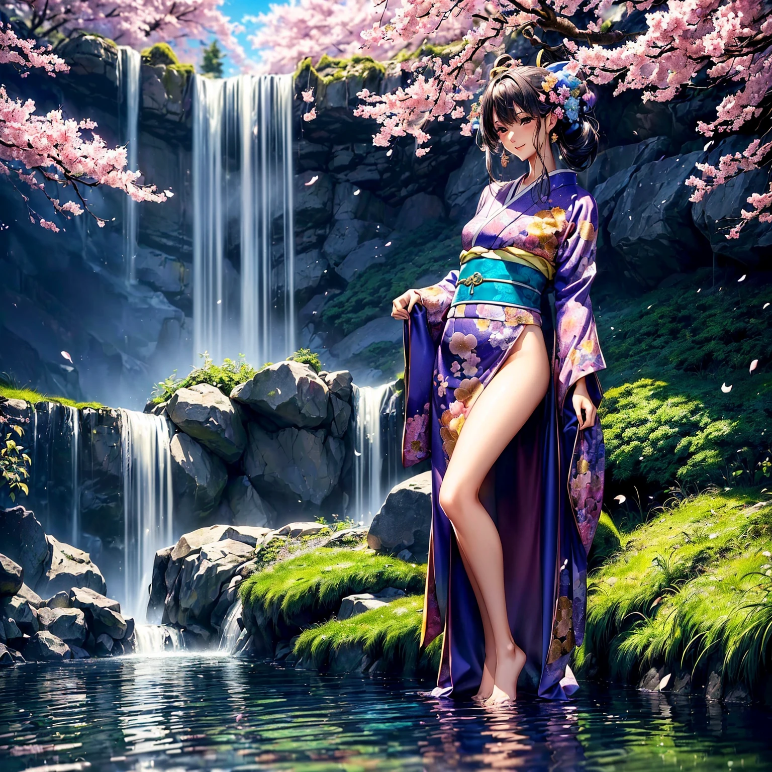 (((highest quality、masterpiece、very high resolution、highly detailed images、detailed details)))、(A woman of perfect and ultimate beauty:18-year-old, beautiful body、beautiful face、beautiful hair,bright smile)、(Slender and beautiful body, best skin and hair texture)、((Beautiful Japan kimono:Colorful with floral patterns,shoulders are exposed,I can see my thighs)),(Fantastic waterside,There is a waterfall,Night cherry blossoms and lanterns,mysterious night sky,natural light,beautiful scenery,beautiful scenery),(water play,beautiful pose,model shoot,Hair flutters under the influence of the wind),bijinga,Overall image、accurate image、accurate anatomy、Image without defects,(best shot,RAW photo:1.2)