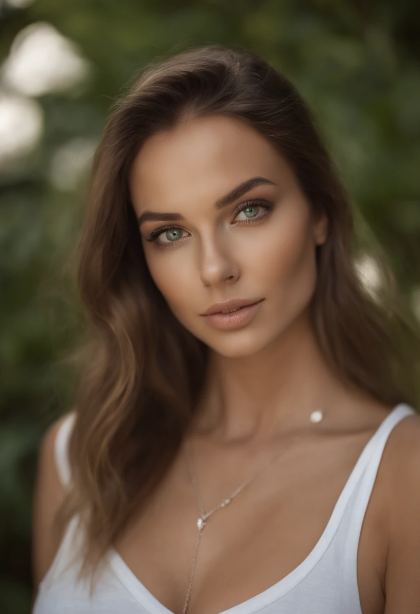 Arafed woman with a white tank top and necklace, fille sexy aux yeux verts, Portrait Sophie Mudd, cheveux bruns et grands yeux, selfie of a young woman, Yeux de chambre, Violet Myers, sans maquillage, maquillage naturel, looking straight at camera, Visage avec Artgram, Maquillage subtil, Superbe photo du corps entier, piercing green eyes, Bel angle, pose attrayante, fille mignonne, sexy pose, Image du corps entier, corps entier, Prise de vue du corps entier, brunette goddess, High detail, pose satisfaite, Pantalon en cuir