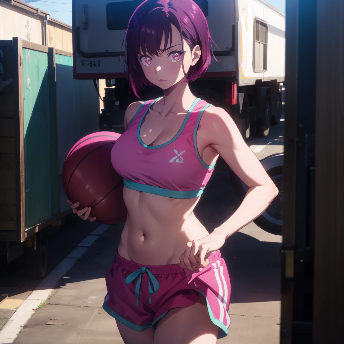 shizukamikazuki, shizuka mikazuki, short hair, purple hair, hair ornament, hair clip, (pink eyes: 1.5), wide bangs,
BREAK navel, sports bra, sportswear, shorts, pink shorts, very sweaty,
BREAK (nsfw)(Sex with a Fat Man),
BREAK R 1 8 looking at the fat man,
BREAK outdoors,
BREAK (masterpiece: 1.2), best quality, high resolution, Unity 8K wallpaper, (artwork: 0.8), (beautiful detailed eyes: 1.6), highly detailed face, perfect lighting, highly detailed CG, (perfect hands, perfect anatomy),