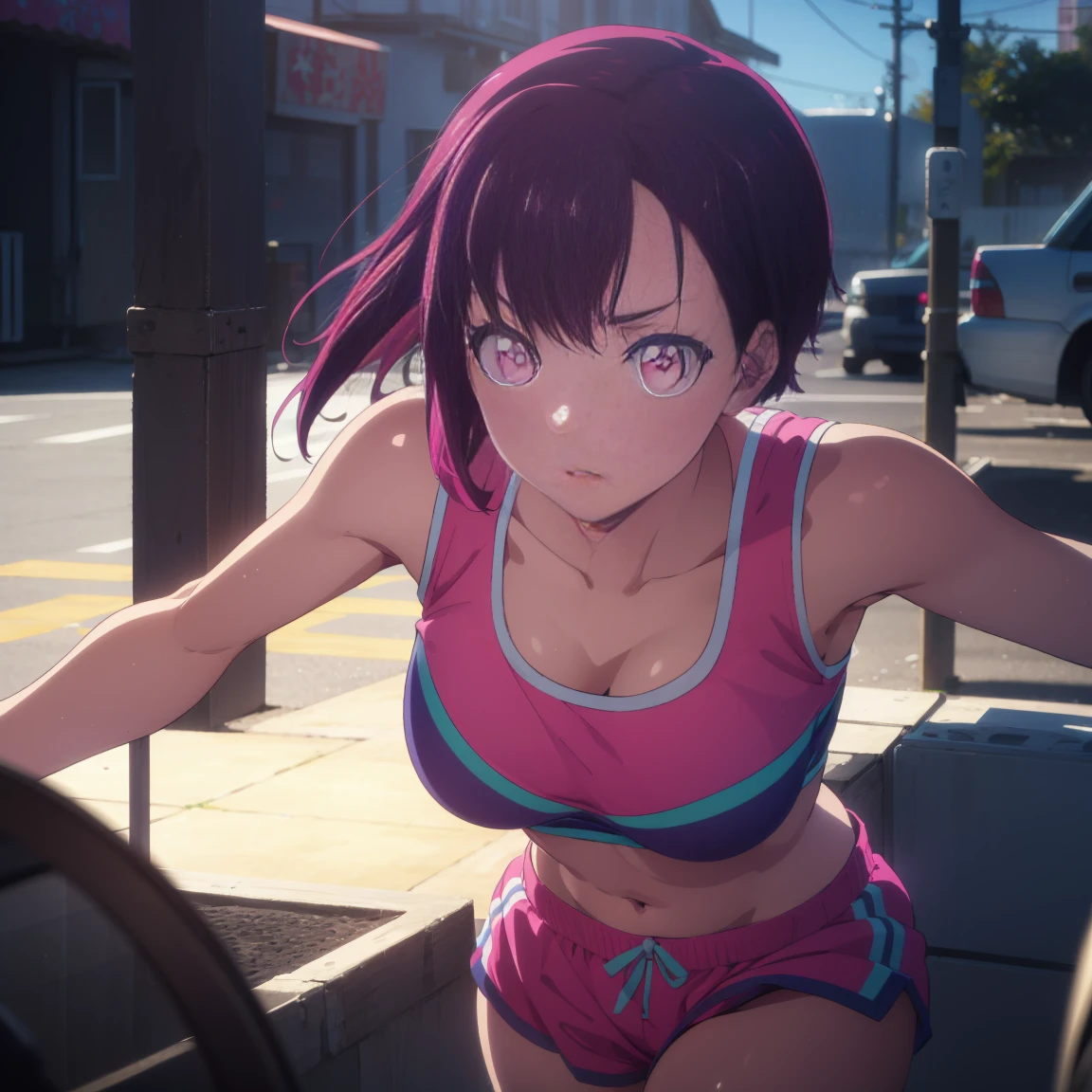 shizukamikazuki, shizuka mikazuki, short hair, purple hair, hair ornament, hair clip, (pink eyes: 1.5), wide bangs,
BREAK navel, sports bra, sportswear, shorts, pink shorts, very sweaty,
BREAK (nsfw)(Sex with a Fat Man),
BREAK R 1 8 looking at the fat man,
BREAK outdoors,
BREAK (masterpiece: 1.2), best quality, high resolution, Unity 8K wallpaper, (artwork: 0.8), (beautiful detailed eyes: 1.6), highly detailed face, perfect lighting, highly detailed CG, (perfect hands, perfect anatomy),