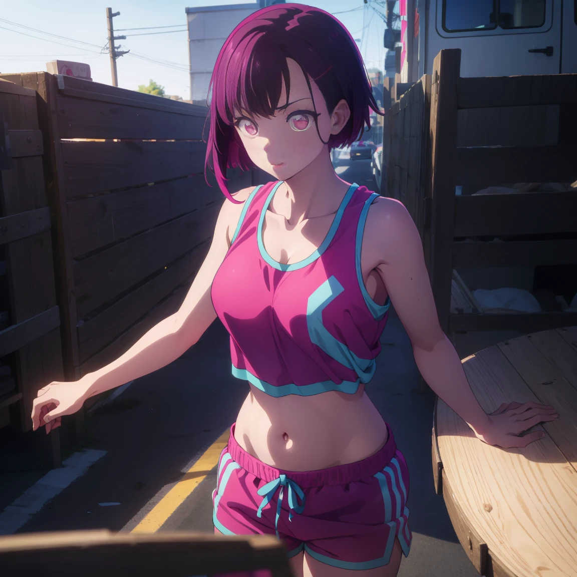 shizukamikazuki, shizuka mikazuki, short hair, purple hair, hair ornament, hair clip, (pink eyes: 1.5), wide bangs,
BREAK navel, sports bra, sportswear, shorts, pink shorts, very sweaty,
BREAK (nsfw)(Sex with a Fat Man),
BREAK R 1 8 looking at the fat man,
BREAK outdoors,
BREAK (masterpiece: 1.2), best quality, high resolution, Unity 8K wallpaper, (artwork: 0.8), (beautiful detailed eyes: 1.6), highly detailed face, perfect lighting, highly detailed CG, (perfect hands, perfect anatomy),