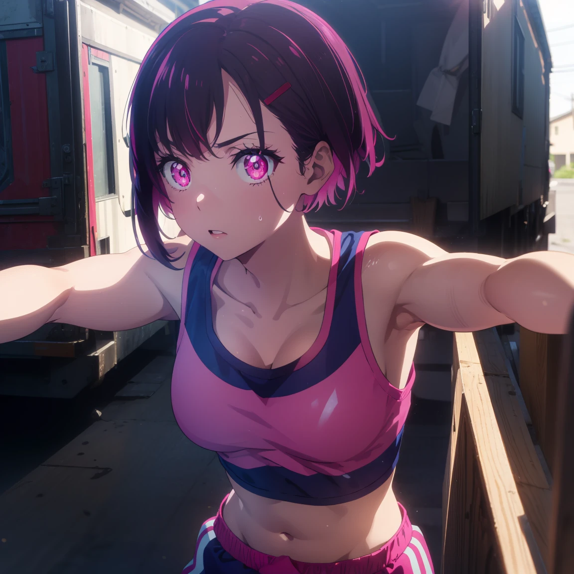 shizukamikazuki, shizuka mikazuki, short hair, purple hair, hair ornament, hair clip, (pink eyes: 1.5), wide bangs,
BREAK navel, sports bra, sportswear, shorts, pink shorts, very sweaty,
BREAK (nsfw)(Sex with a Fat Man),
BREAK R 1 8 looking at the fat man,
BREAK outdoors,
BREAK (masterpiece: 1.2), best quality, high resolution, Unity 8K wallpaper, (artwork: 0.8), (beautiful detailed eyes: 1.6), highly detailed face, perfect lighting, highly detailed CG, (perfect hands, perfect anatomy),