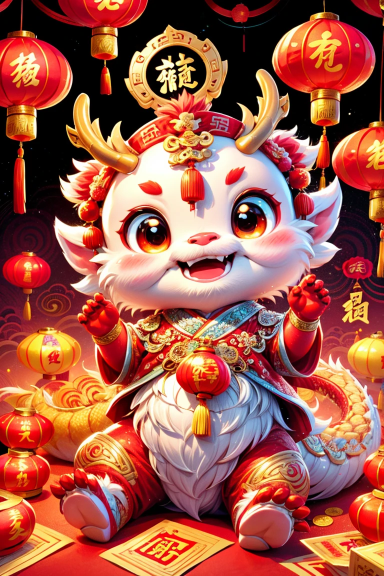 (摄影: 1.3), Create a 3D-rendered, Pixar-style illustration of a Cute Chinese Dragon sitting on the ground, wearing a Chinese God of Wealth hat and dressed in traditional Chinese attire. The ground is abundantly covered with red envelopes and gold coins, surrounded by various Chinese New Year festive items. The background depicts a joyous and festive Chinese New Year atmosphere, including traditional Chinese architecture, fireworks, firecrackers, lanterns, and Spring Festival couplets. The dragon has a joyful and happy facial expression.